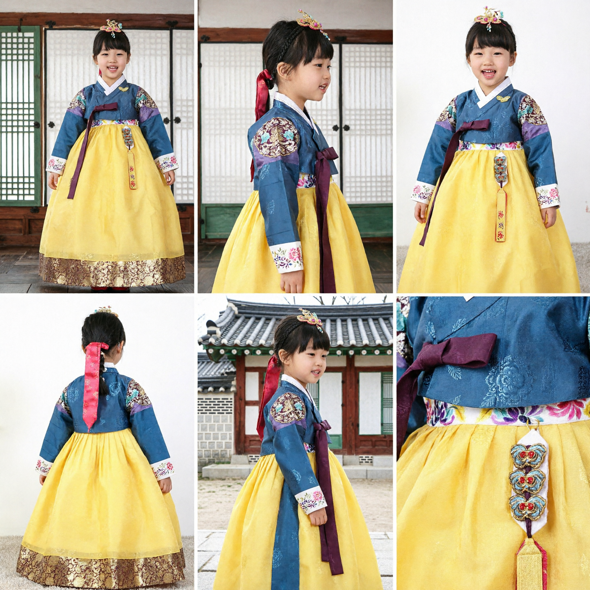Traditional Korean Hanbok for Girls Blue Embroidered Top Yellow Skirt Kids Festival Party Costume Dress - Asian Costume