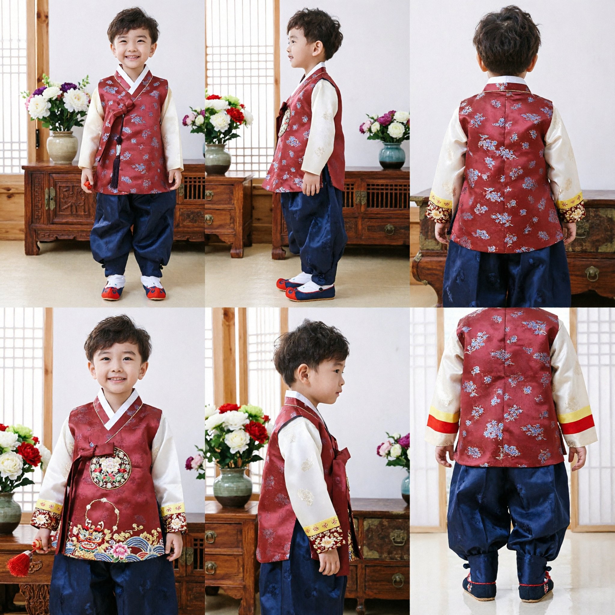 Boys Traditional Korean Hanbok Costume Red Floral Vest Navy Pants for Wedding Birthday - Asian Costume