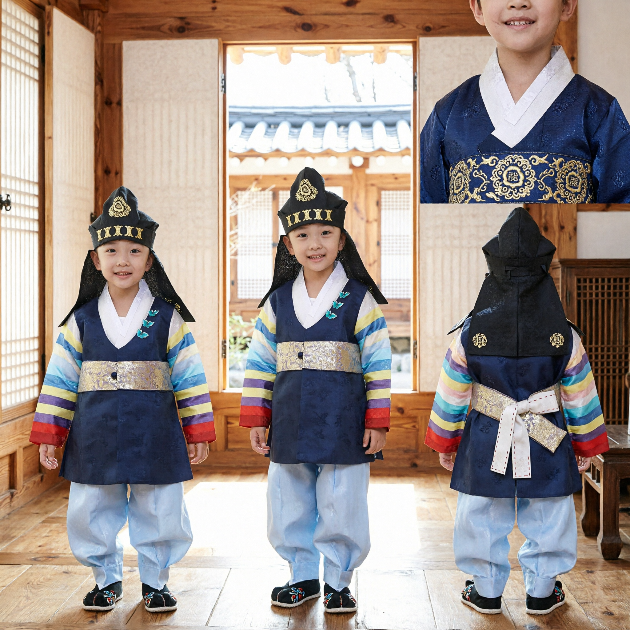 Traditional Korean Hanbok for Boys Kids Navy Blue Vest Colorful Sleeve Festival Birthday Costume Set - Asian Costume