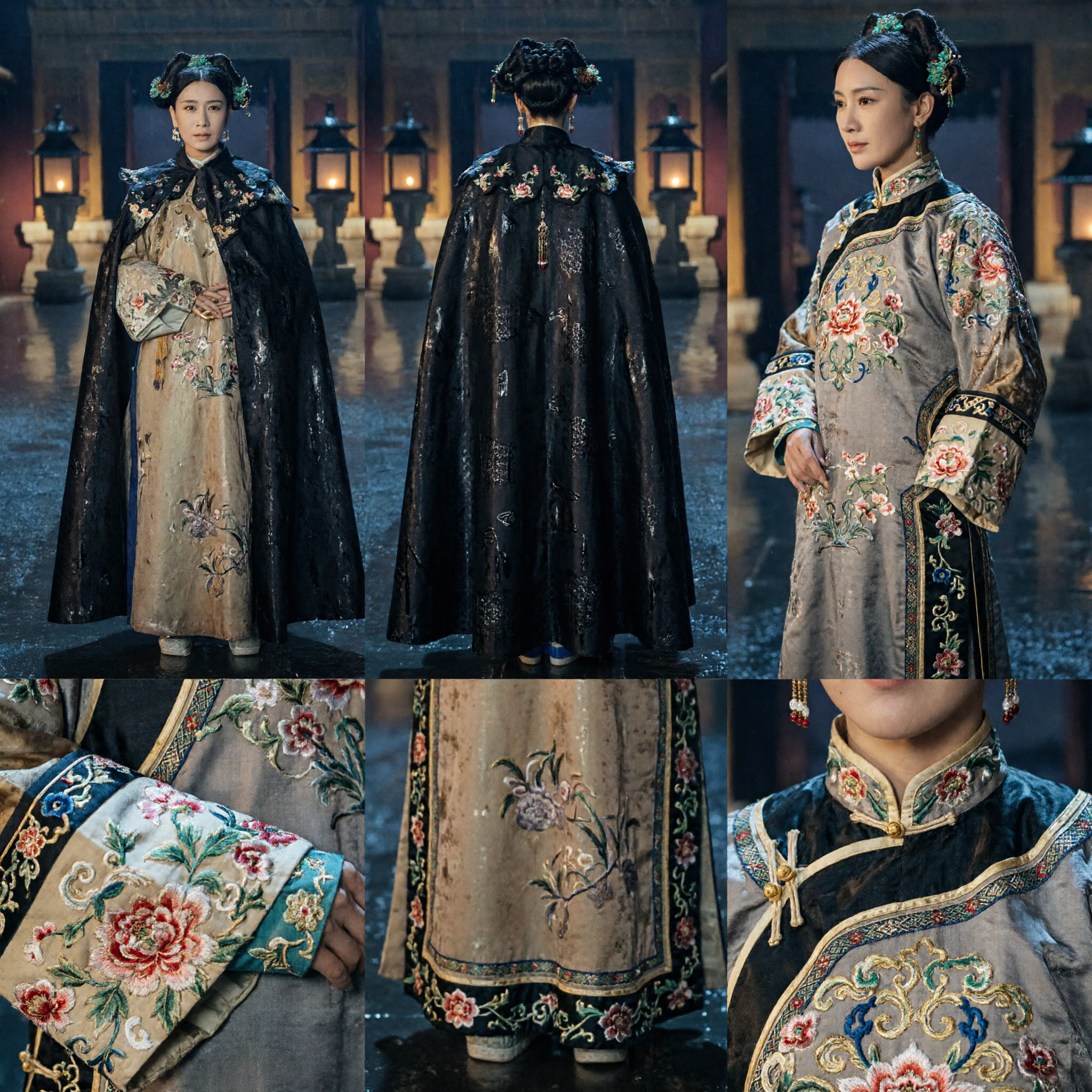 Ancient Chinese Qing Dynasty Manchu Noble Lady Black Cloak Cape Embroidered Robe Traditional Costume for Women - Asian Costume
