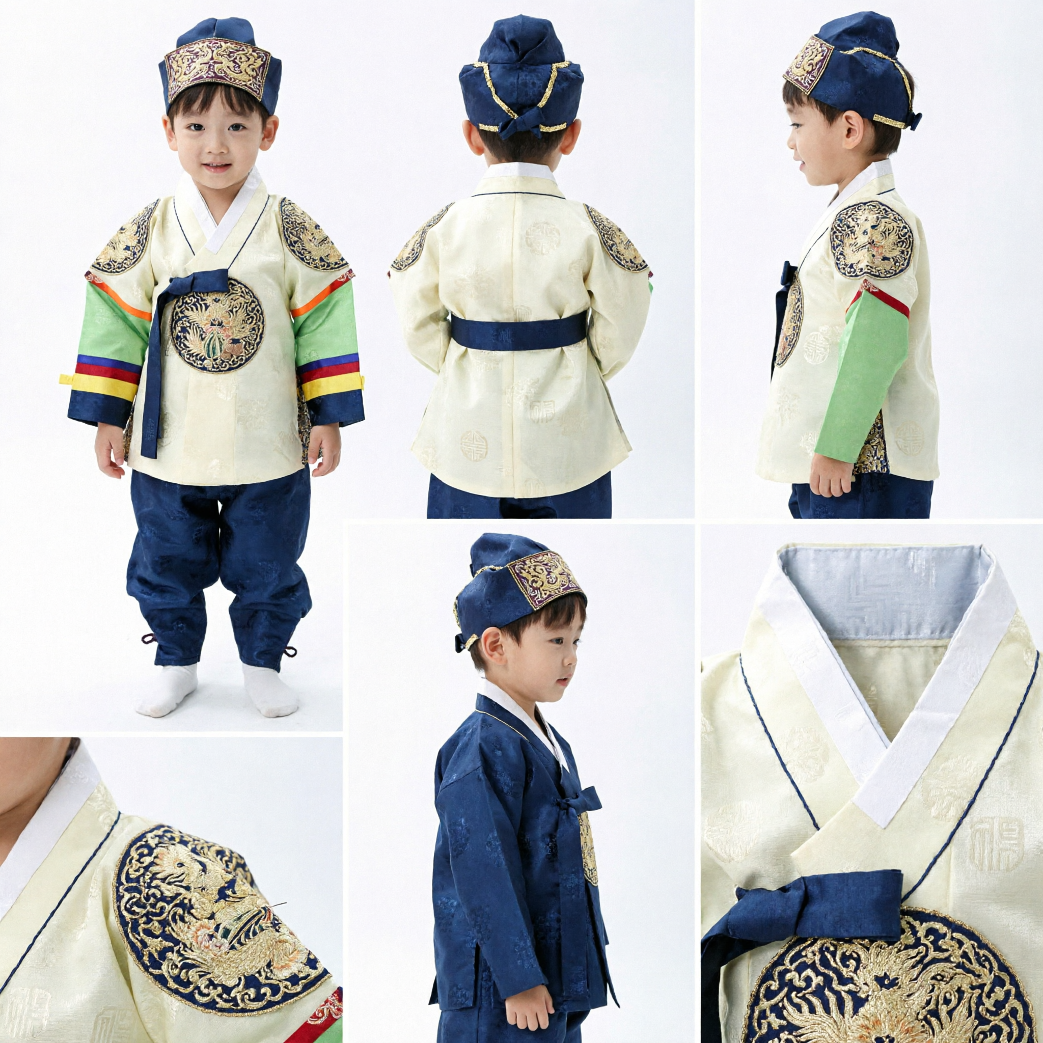 Boys Traditional Korean Hanbok Costume Green Embroidered Top Blue Pants Set for Doljanchi First Birthday - Asian Costume