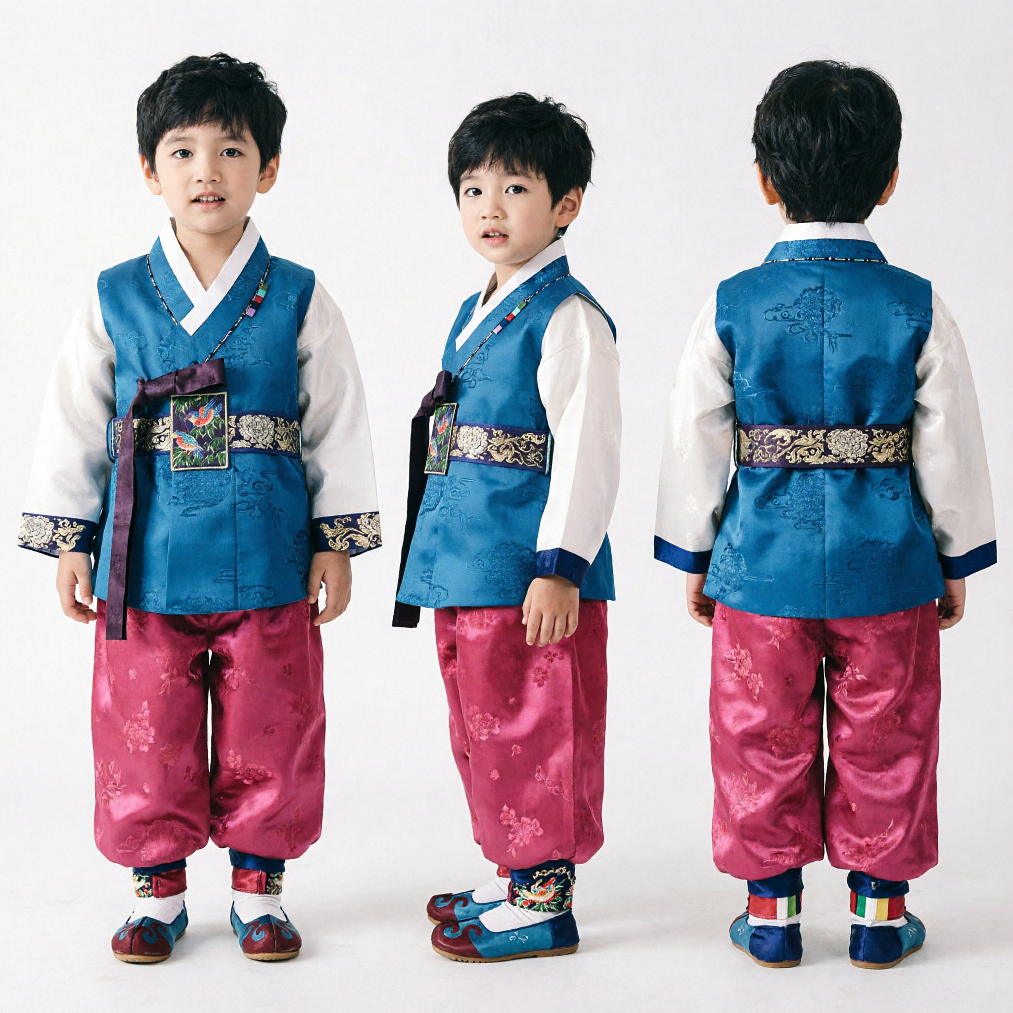 Boys Korean Traditional Hanbok Set Blue Vest Red Pants Kids Formal Holiday Costume - Asian Costume