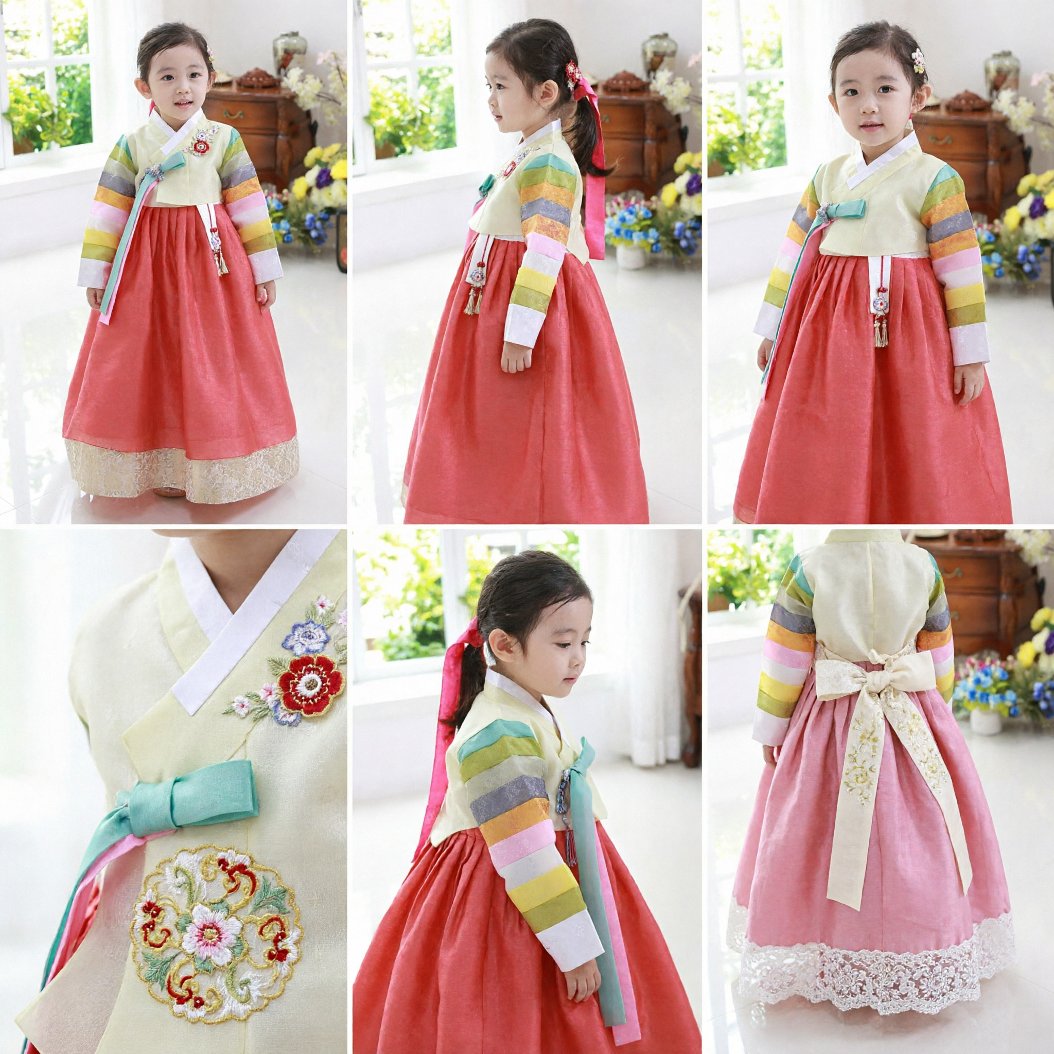 Kids Girls Korean Hanbok Traditional Dress Rainbow Sleeve Top Pink Skirt for Birthday Party Festival - Asian Costume