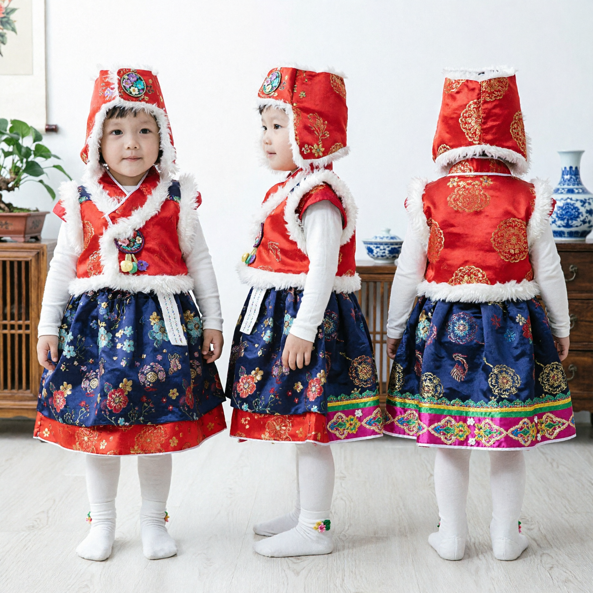 Traditional Korean Hanbok Baby Girl Winter Dress Set Red Fur Trim Top Floral Skirt for First Birthday - Asian Costume