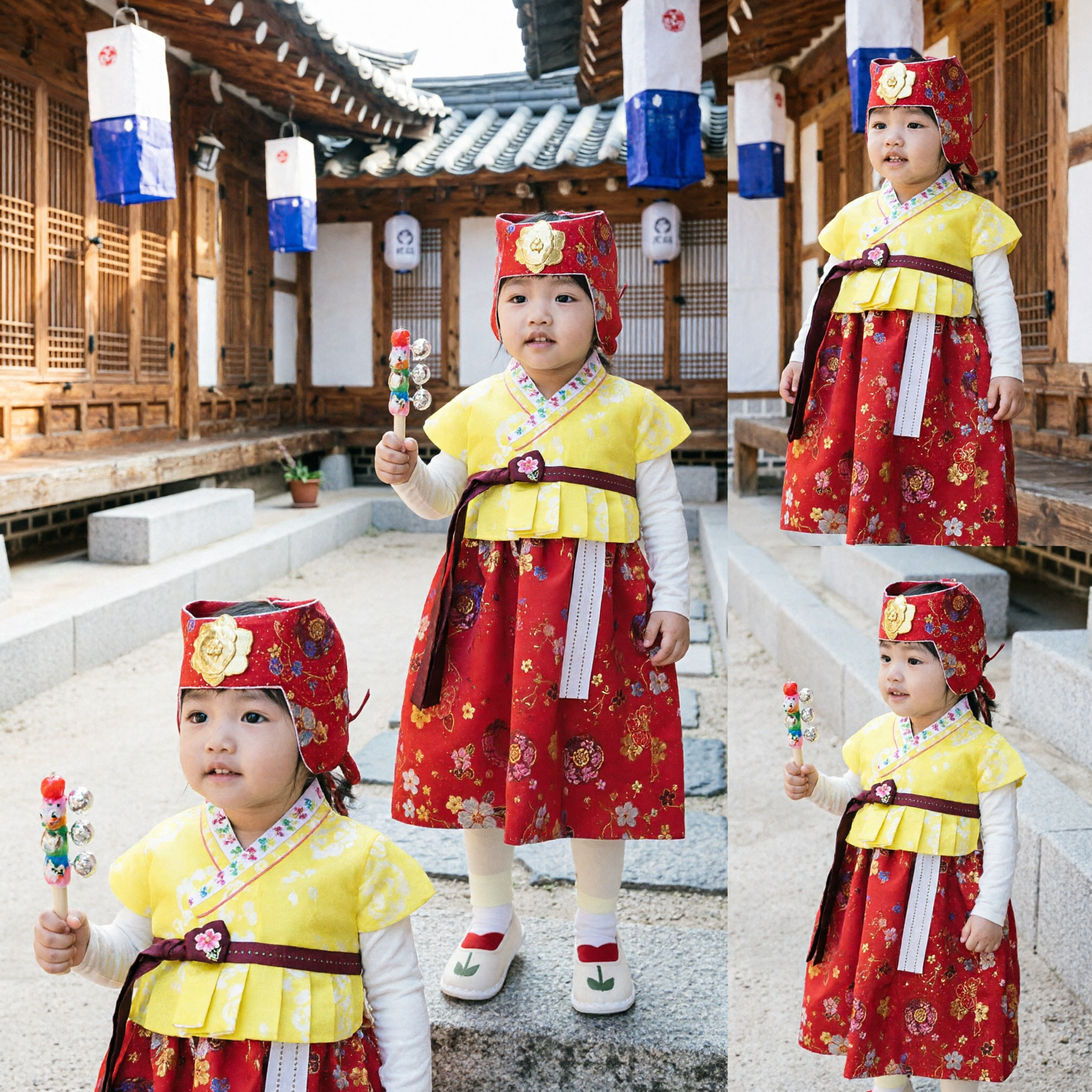 Baby Girl Traditional Korean Hanbok Doljanchi First Birthday Costume Yellow Jeogori Red Chima and Hat Set - Asian Costume