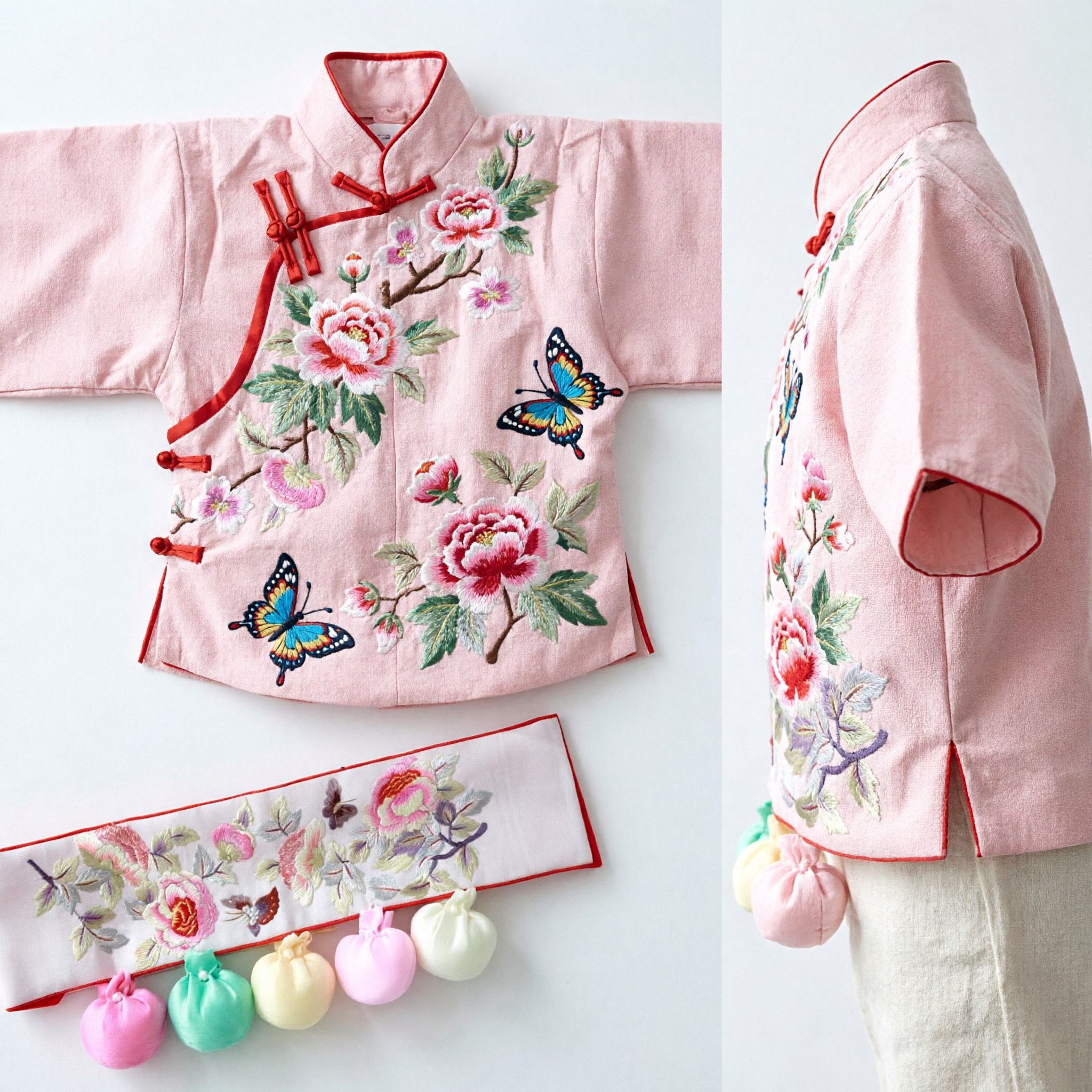 Traditional Chinese Embroidered Floral Headband Pink Butterfly Hair Accessory for Hanfu Costume Women - Asian Costume