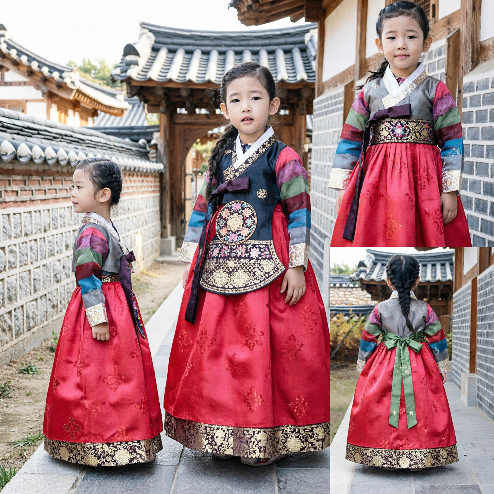 Girls Traditional Korean Hanbok Dress Red Skirt Colorful Top Kids Costume for Birthday and Festivals - Asian Costume