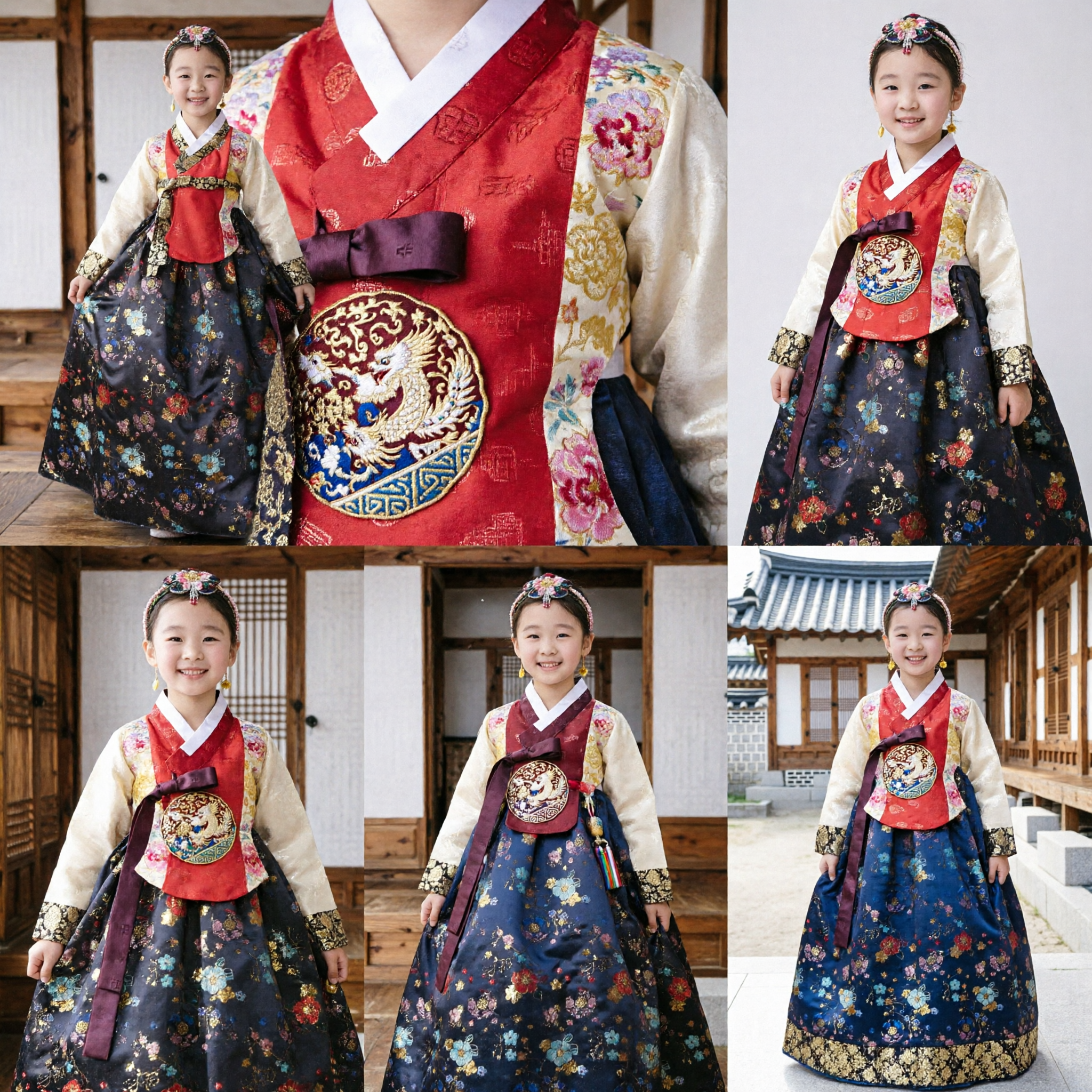 Kids Korean Traditional Hanbok Dress Girls Floral Embroidered Red Jeogori and Black Chima Formal Costume - Asian Costume