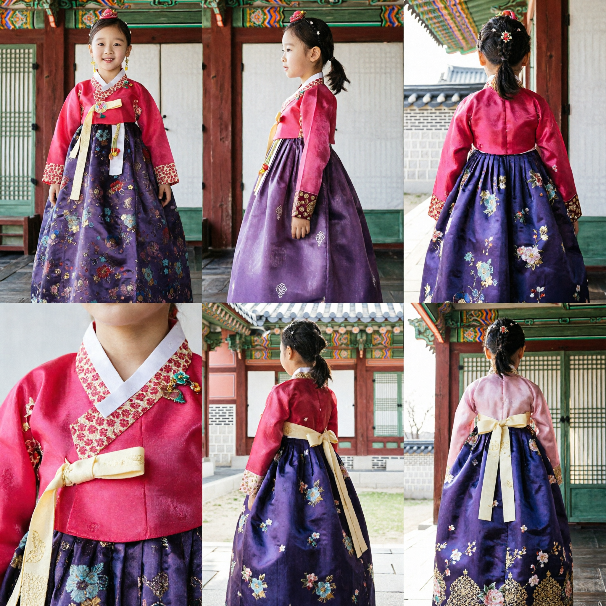 Traditional Korean Hanbok for Girls Pink Jeogori Purple Floral Chima Kids Costume for Wedding Birthday - Asian Costume