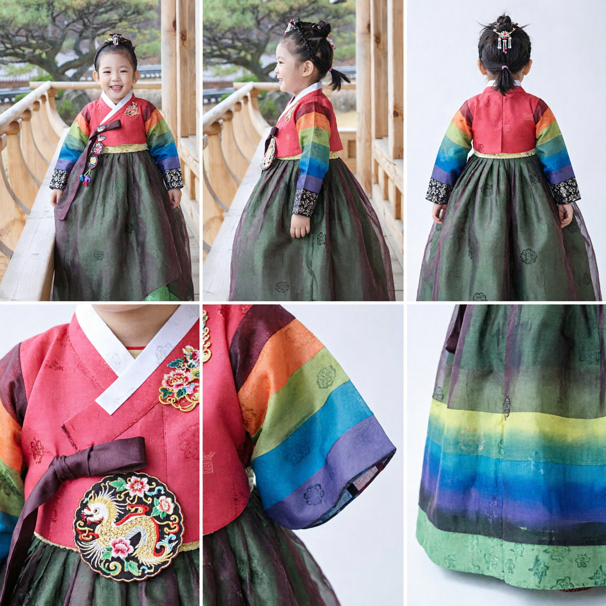 Korean Traditional Hanbok Dress for Kids Girls Rainbow Sleeve Red Top Green Skirt Festival Party Costume - Asian Costume