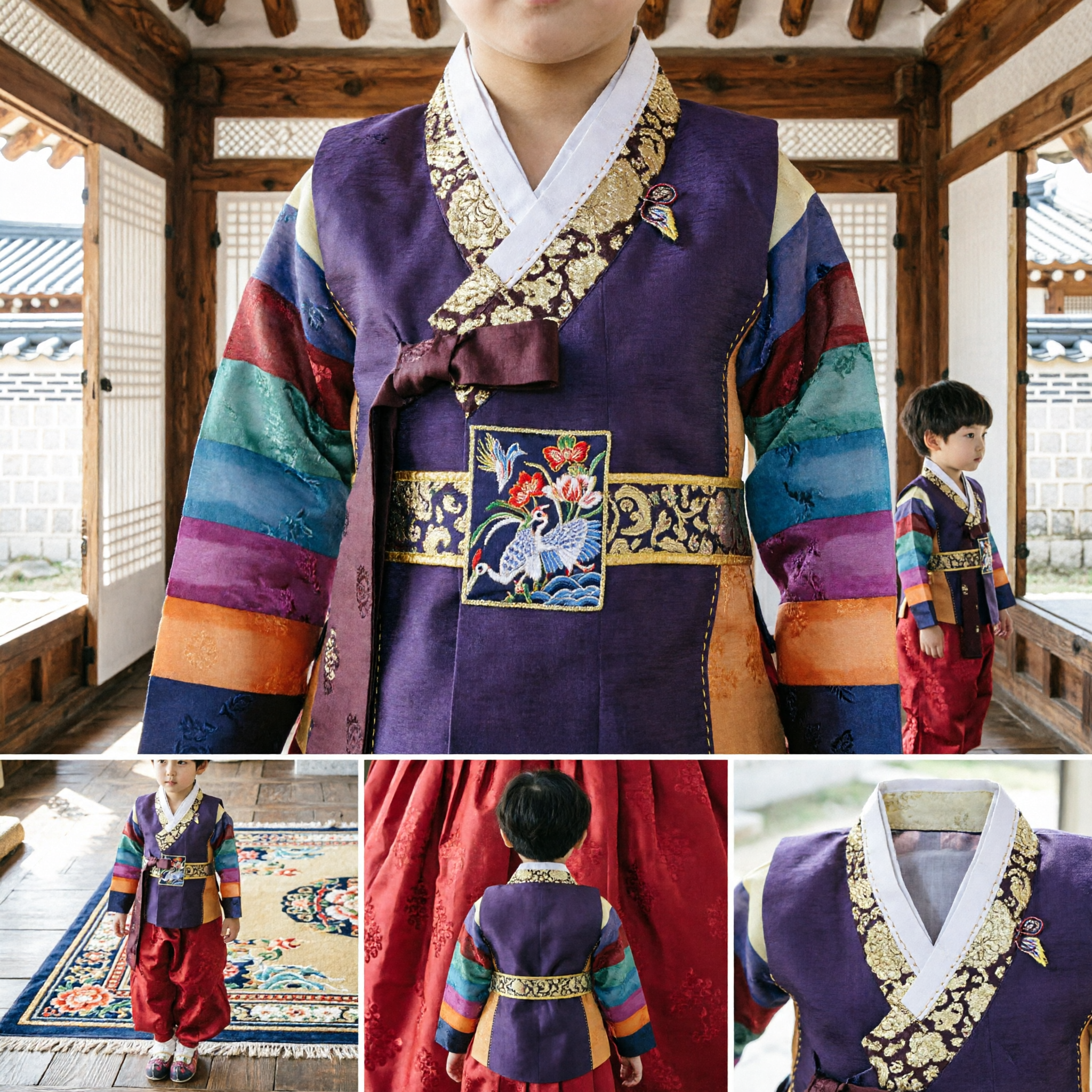 Boys Traditional Korean Hanbok Rainbow Sleeve Purple Jeogori Red Baji First Birthday Doljanchi Costume - Asian Costume