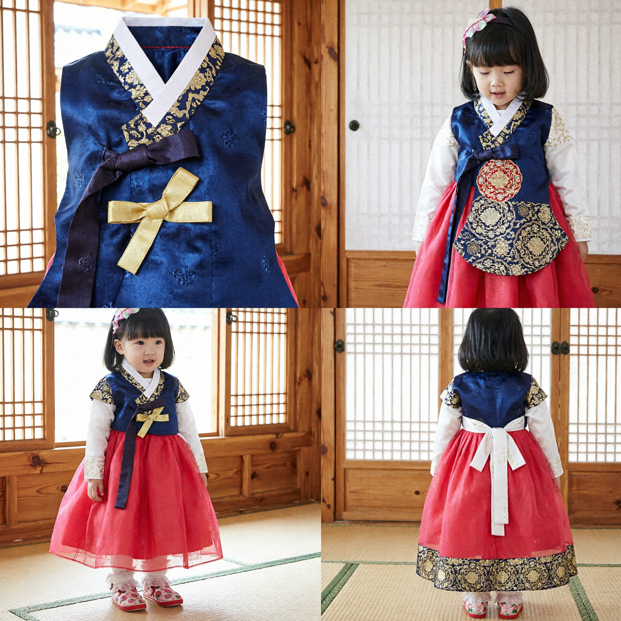 Kids Korean Hanbok Traditional Costume Navy Blue and Pink Dress Set for Girls Birthday Party - Asian Costume