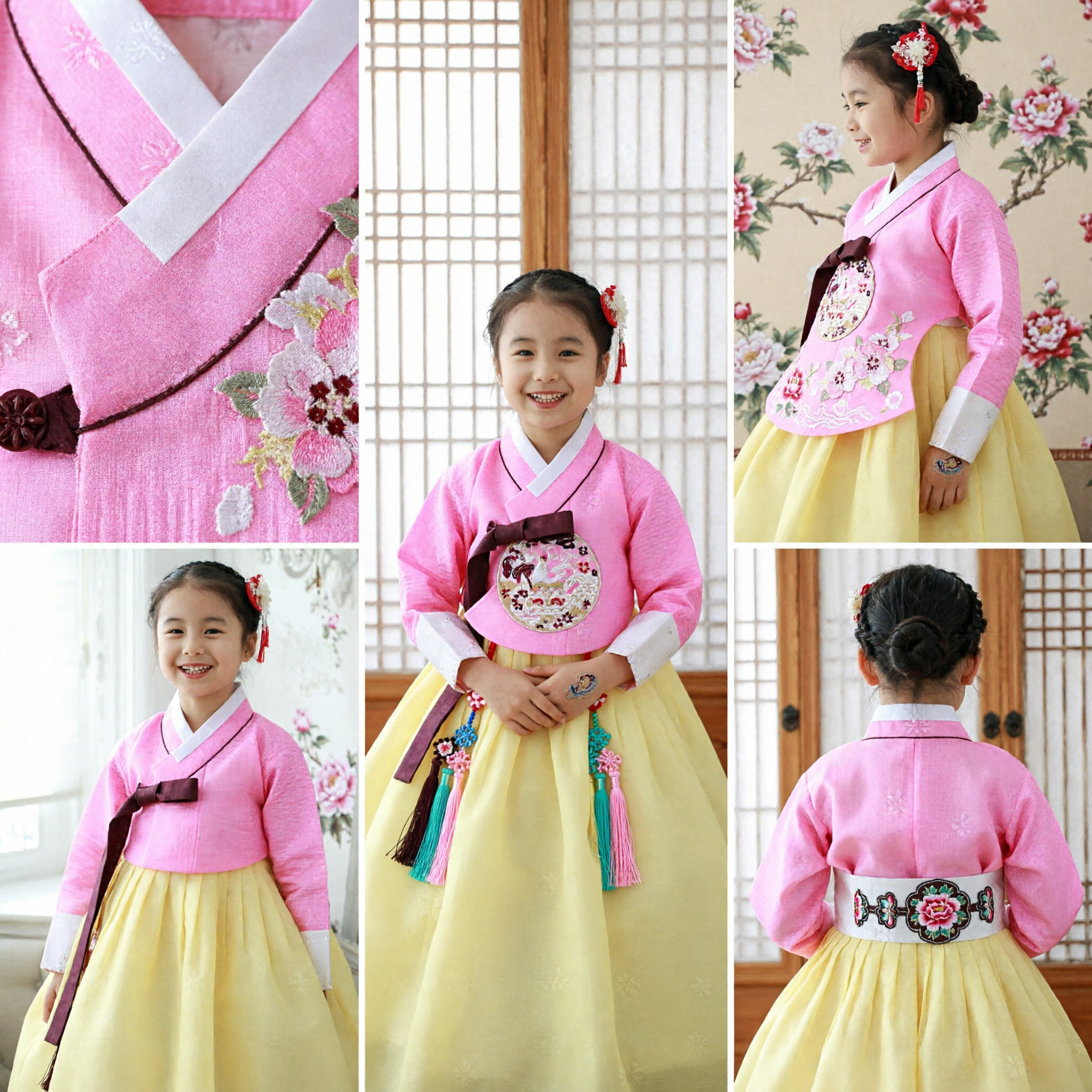 Girls Korean Hanbok Traditional Costume Pink Floral Top Yellow Skirt for Birthday Wedding Party - Asian Costume