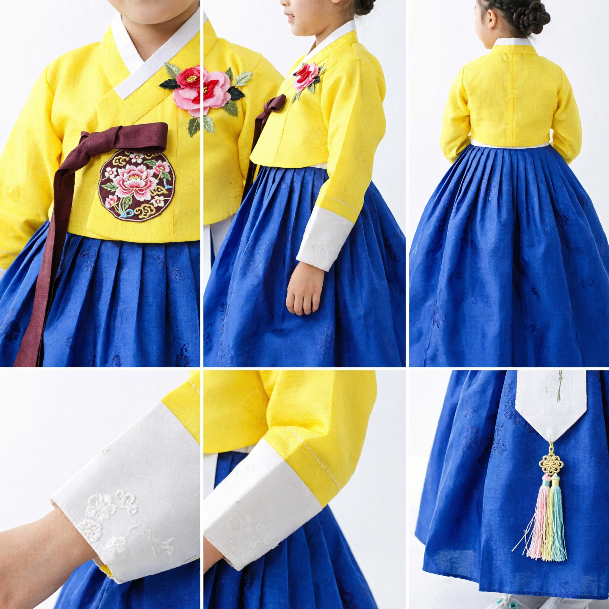 Girls Korean Traditional Hanbok Costume Set Yellow Jeogori Blue Chima Dress for Festivals Birthdays and Performances - Asian Costume