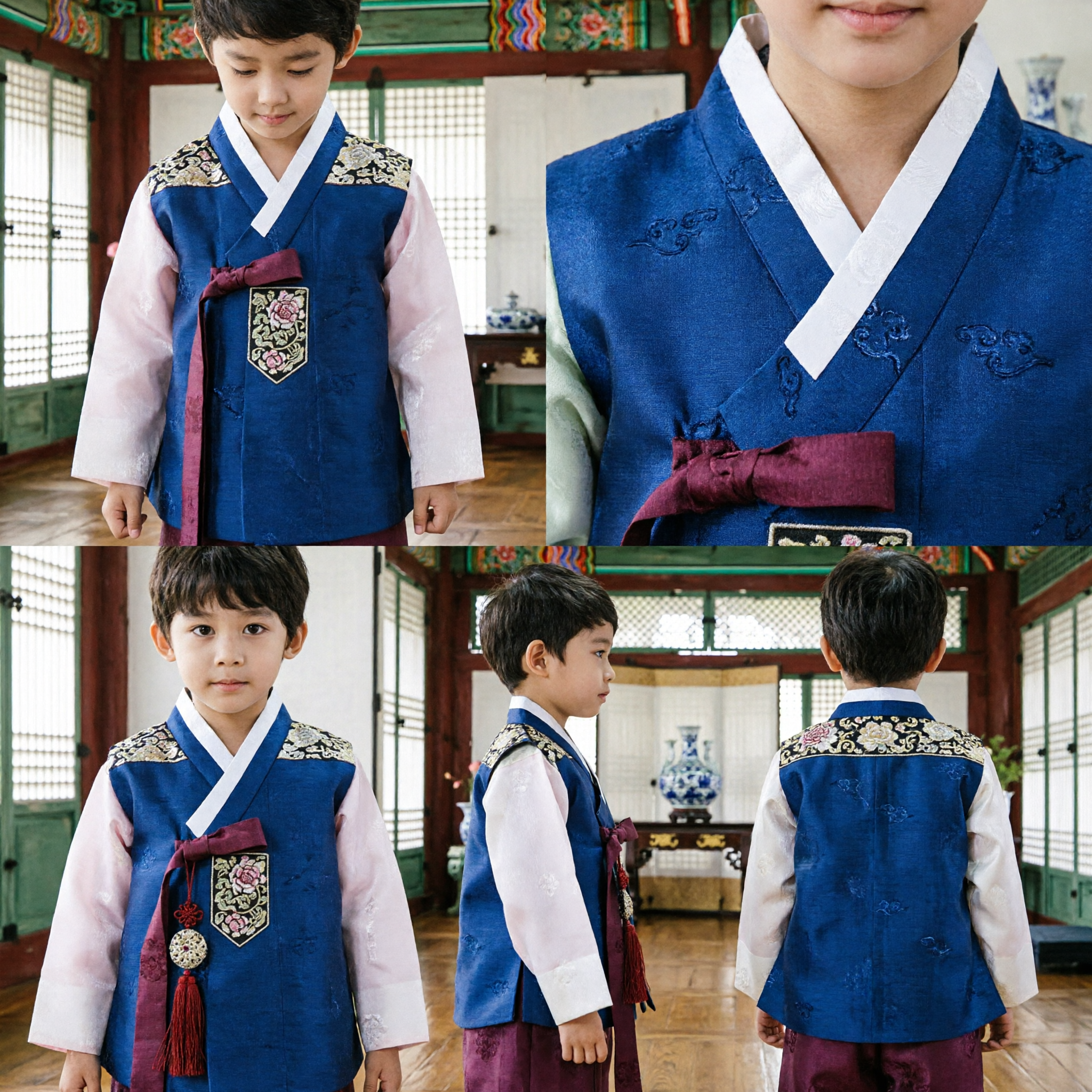 Kids Boys Traditional Korean Hanbok Set Blue Embroidered Vest for Weddings and Festivals - Asian Costume