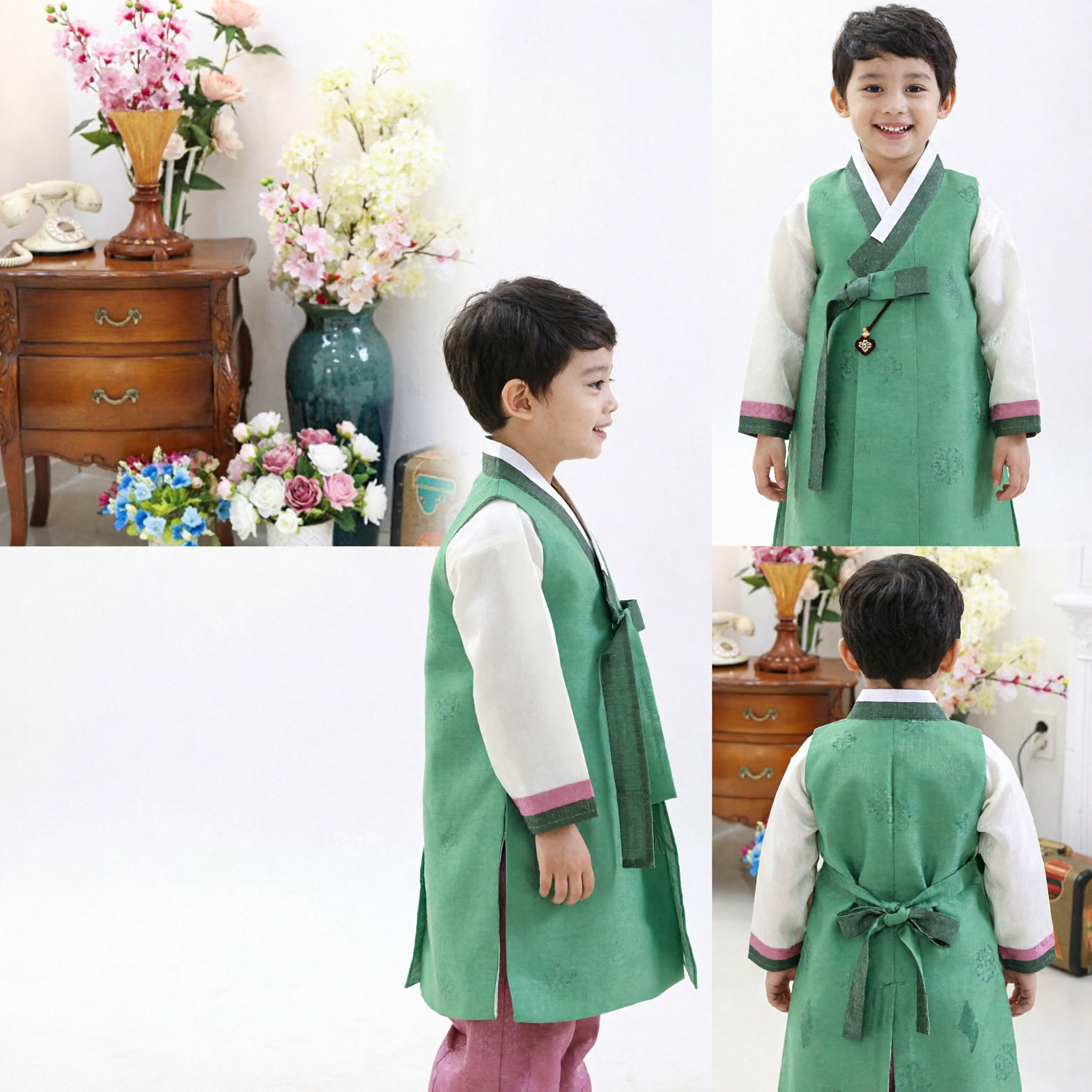 Boys Traditional Korean Hanbok Green Vest Set Kids Formal Cultural Clothing For Festivals And Celebrations - Asian Costume