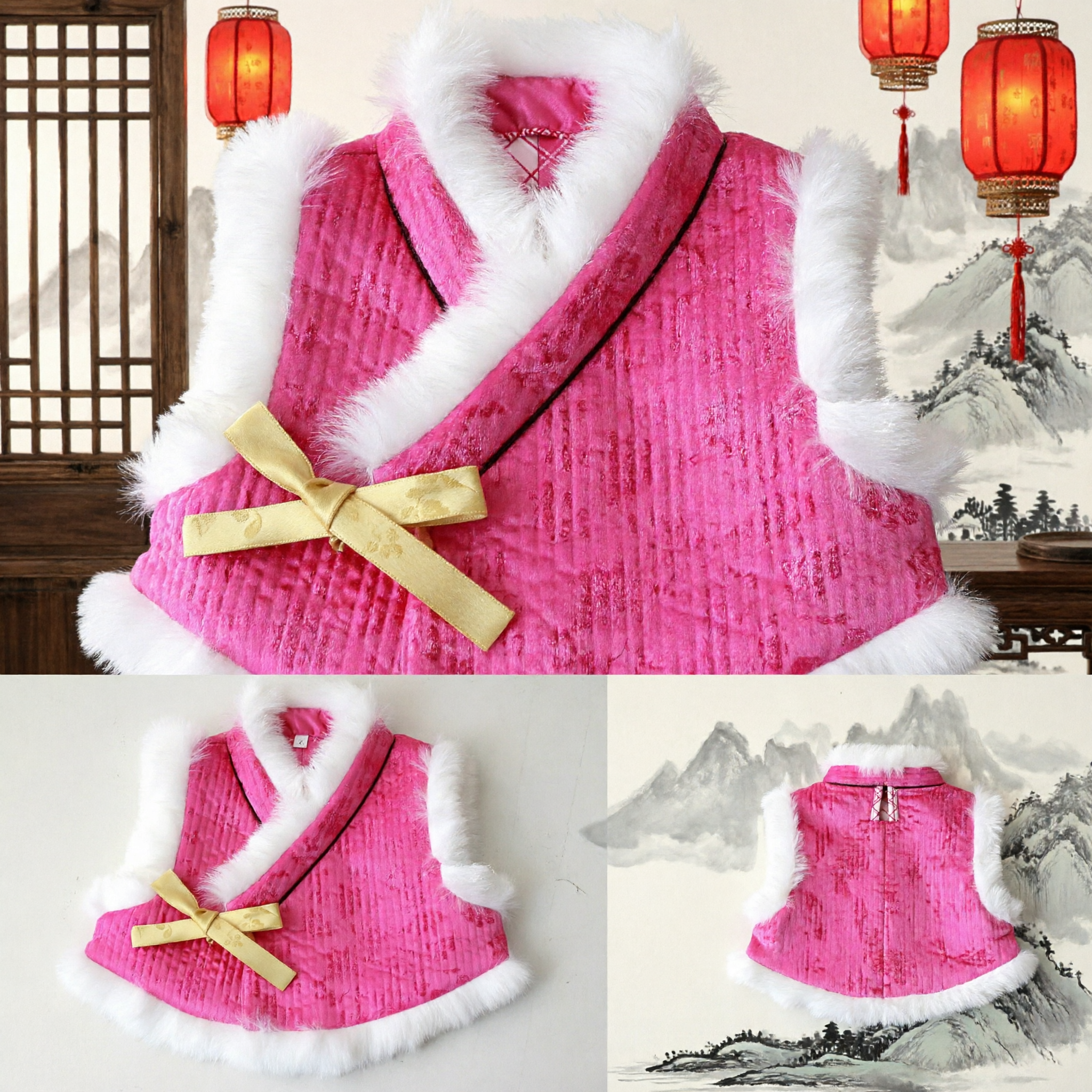 Traditional Chinese Pink Winter Vest for Baby Girls with White Fur Trim for Lunar New Year Celebration - Asian Costume