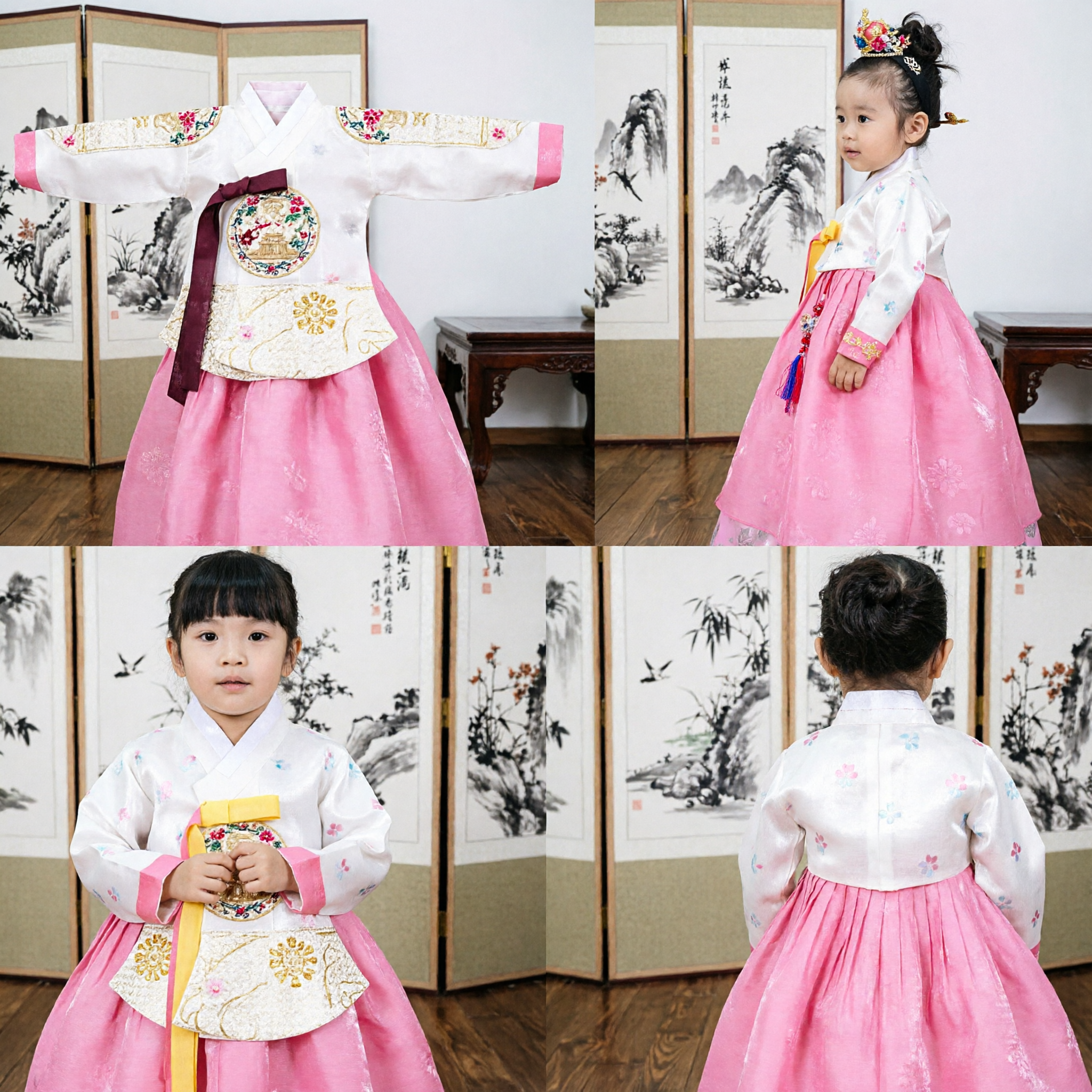 Traditional Korean Hanbok for Girls Pink Floral Chima and White Jeogori Dress for Birthday Party - Asian Costume