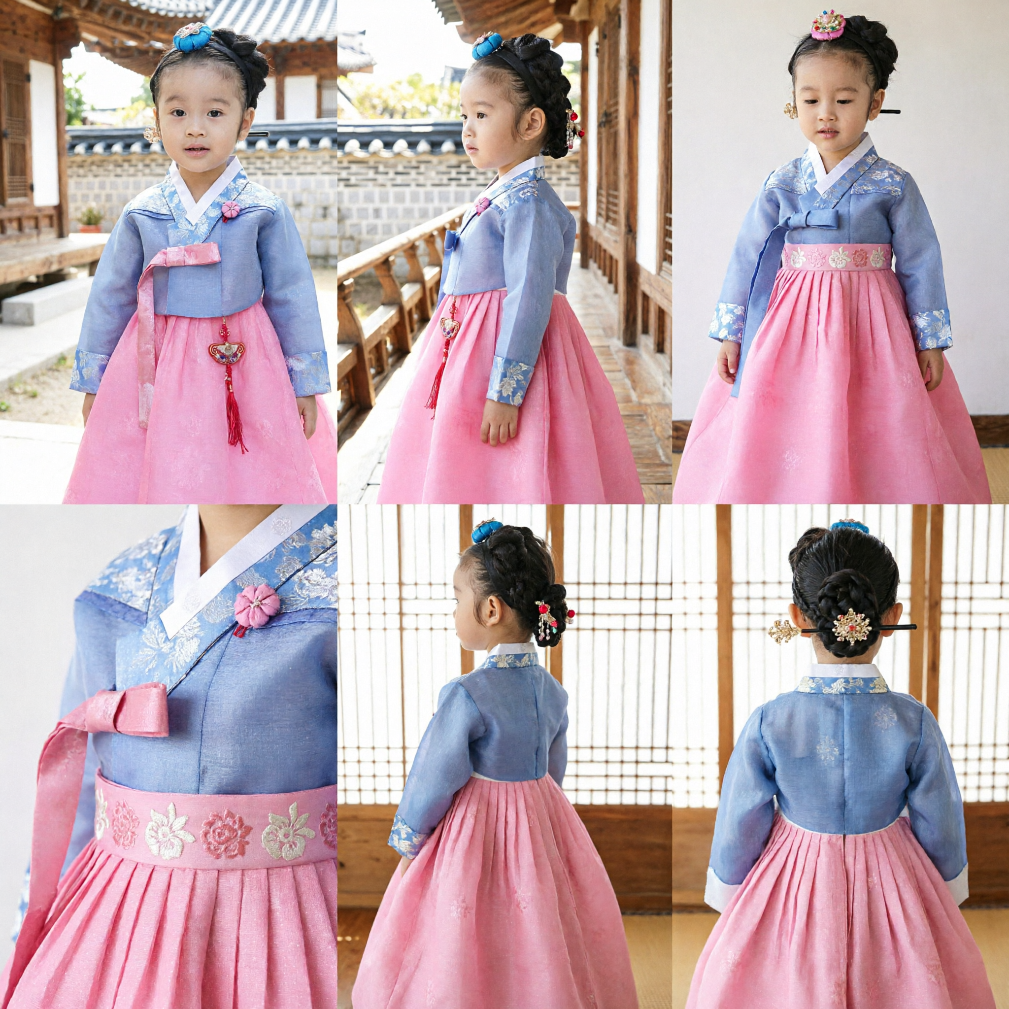 Traditional Korean Hanbok for Girls Blue and Pink Embroidered Dress for Festivals and Special Occasions - Asian Costume