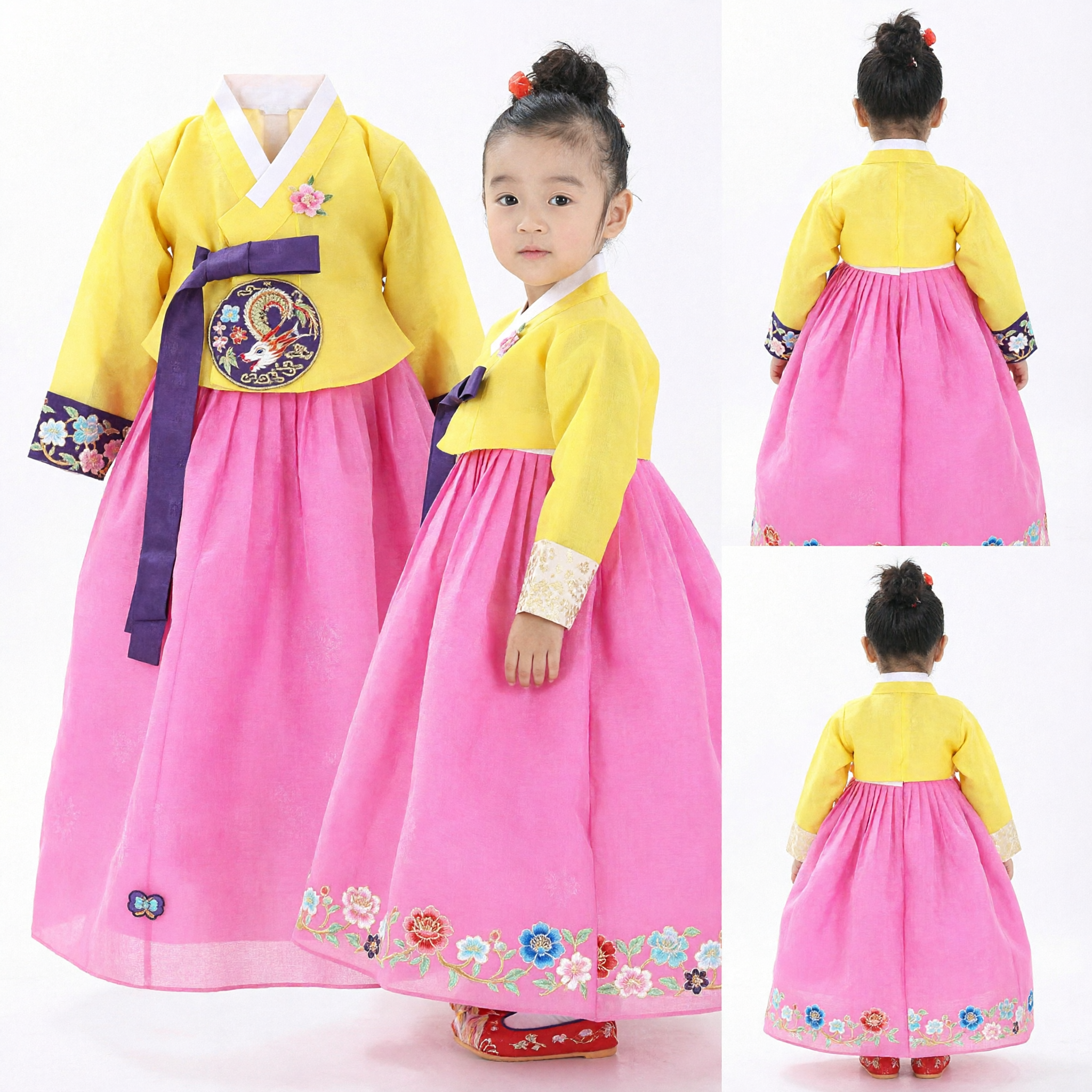 Kids Traditional Korean Hanbok Dress Yellow Top Pink Skirt with Butterfly Embroidery for Girls Festival Party Costume - Asian Costume