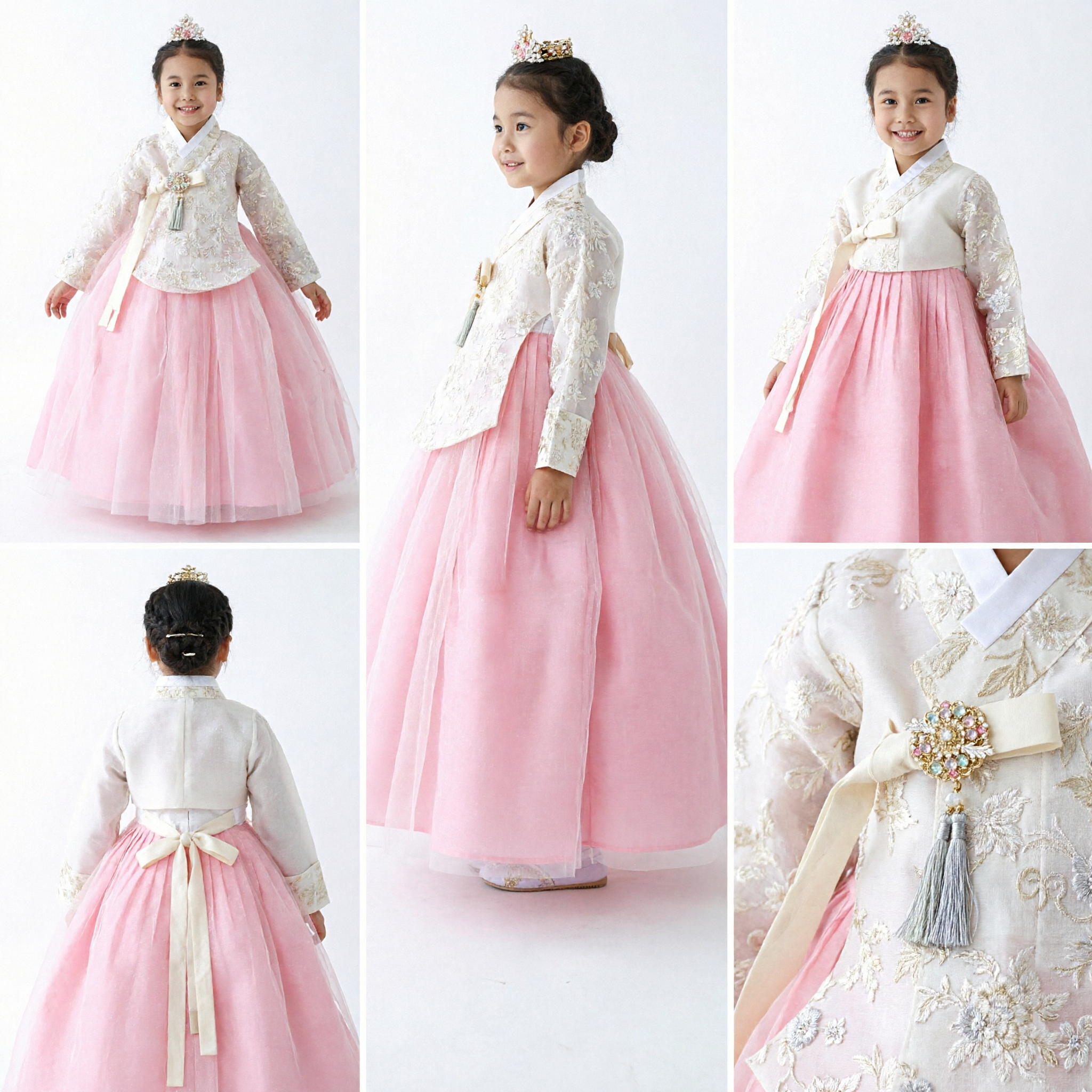 Traditional Korean Hanbok for Girls Pink Tulle Skirt White Lace Top Formal Dress for Weddings and Parties - Asian Costume