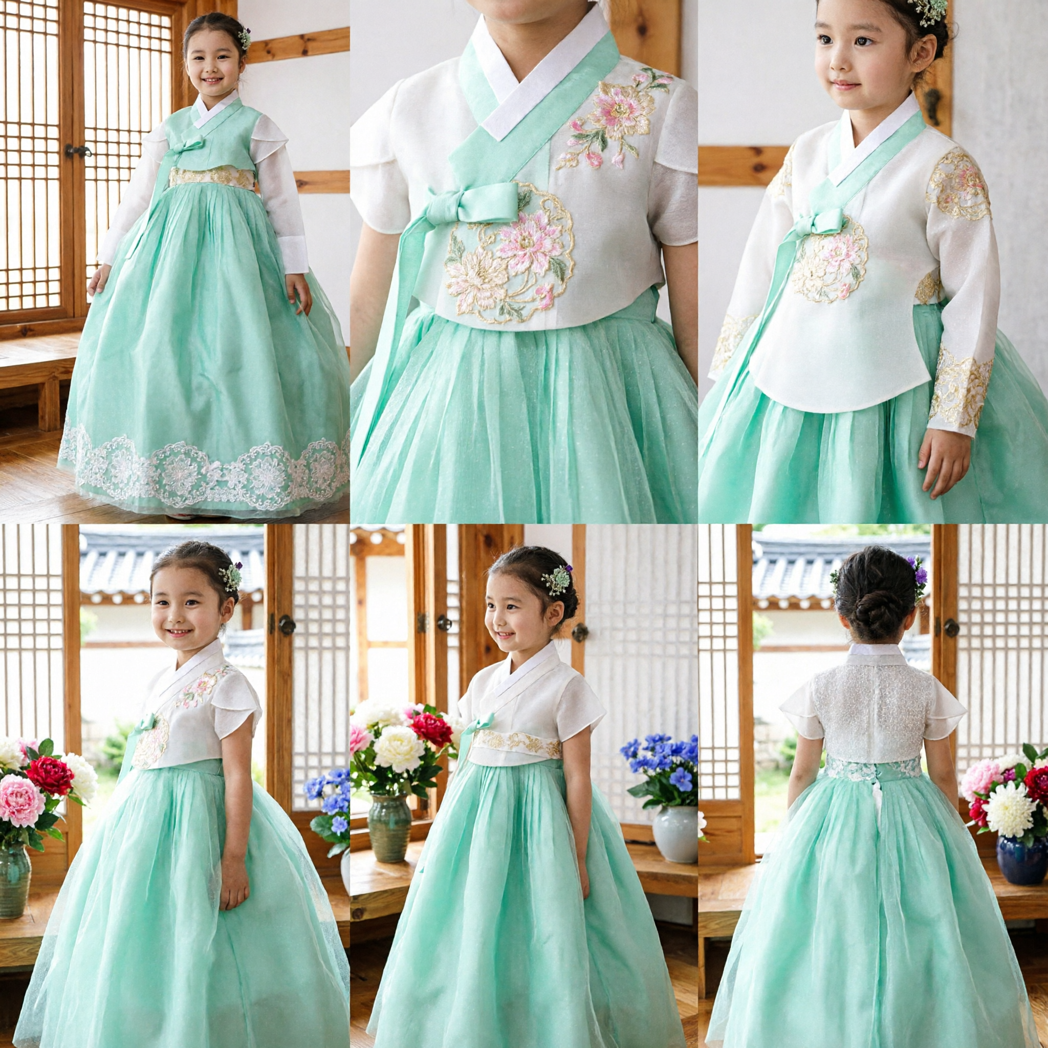 Traditional Korean Hanbok for Girls Modern Mint Green Tulle Skirt White Lace Top Kids Party Costume - Asian Costume