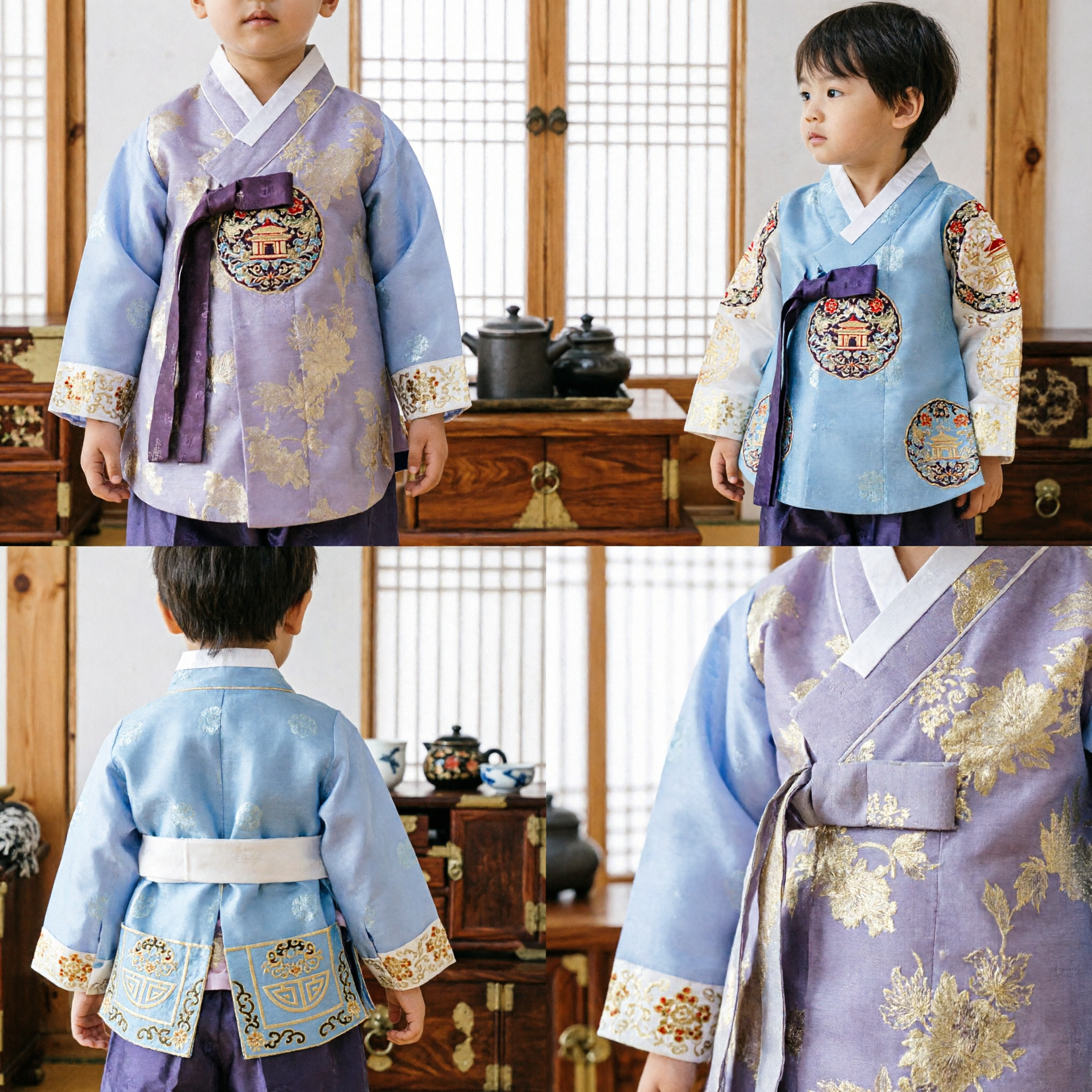Traditional Korean Hanbok for Boys Purple Gold Embroidery Vest Blue Shirt First Birthday Doljanchi Ceremonial Costume - Asian Costume