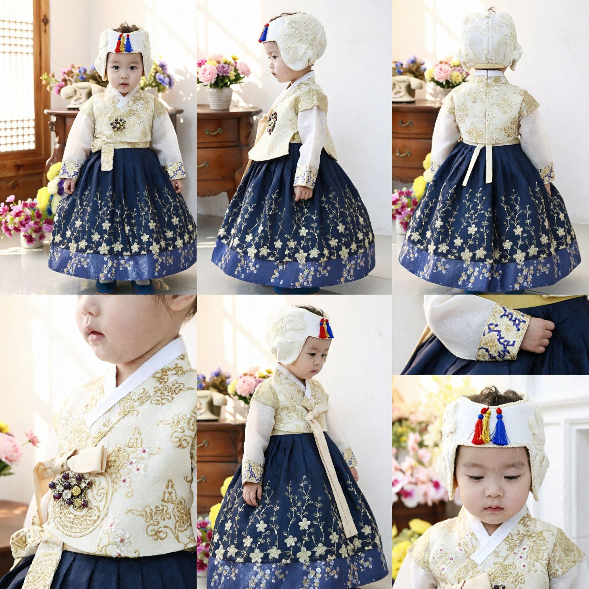 Traditional Korean Hanbok for Toddler Girls Navy Blue Floral Skirt Cream Lace Top Birthday Costume - Asian Costume