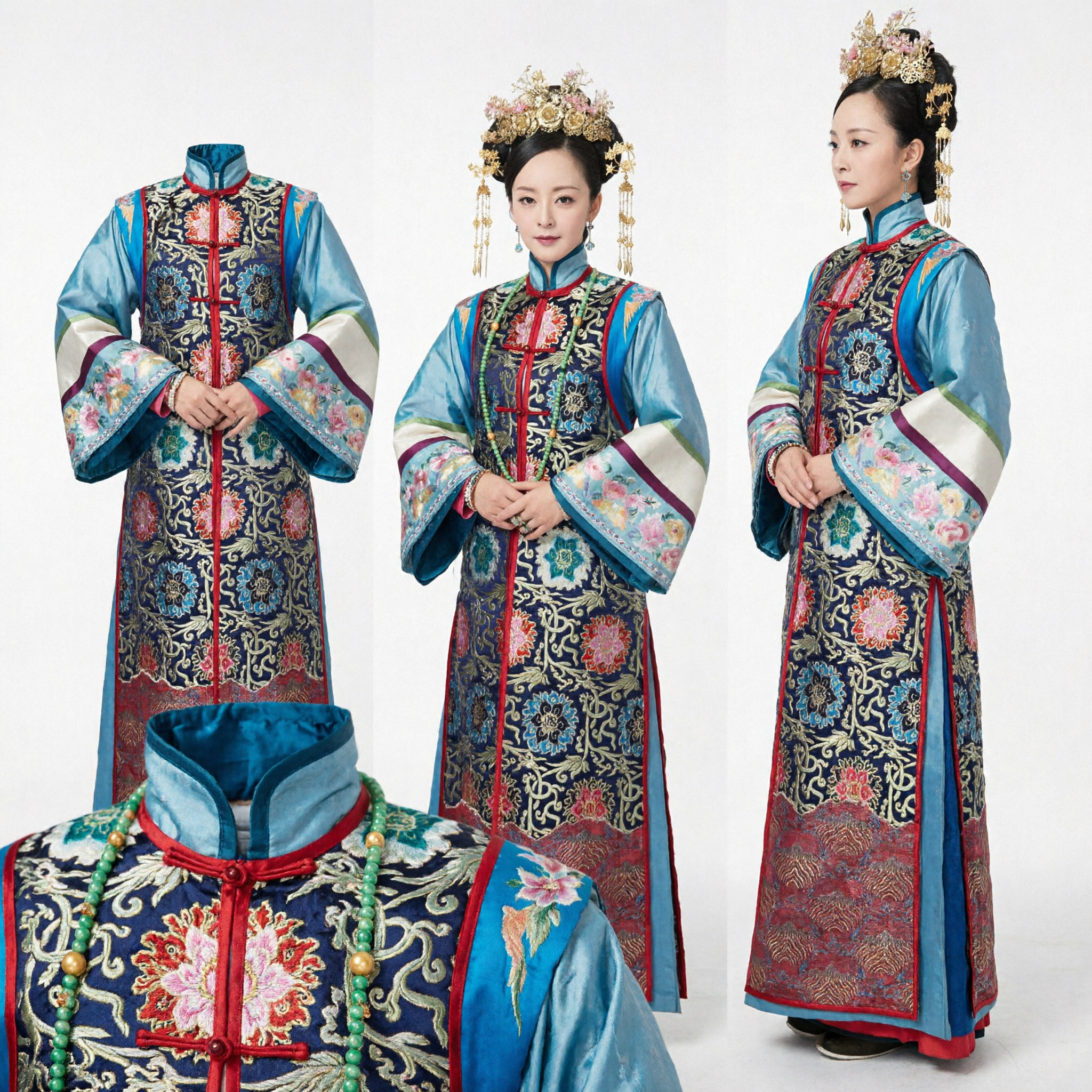 Traditional Chinese Qing Dynasty Manchu Princess Costume Blue Embroidered Ancient Palace Lady Dress for Women - Asian Costume