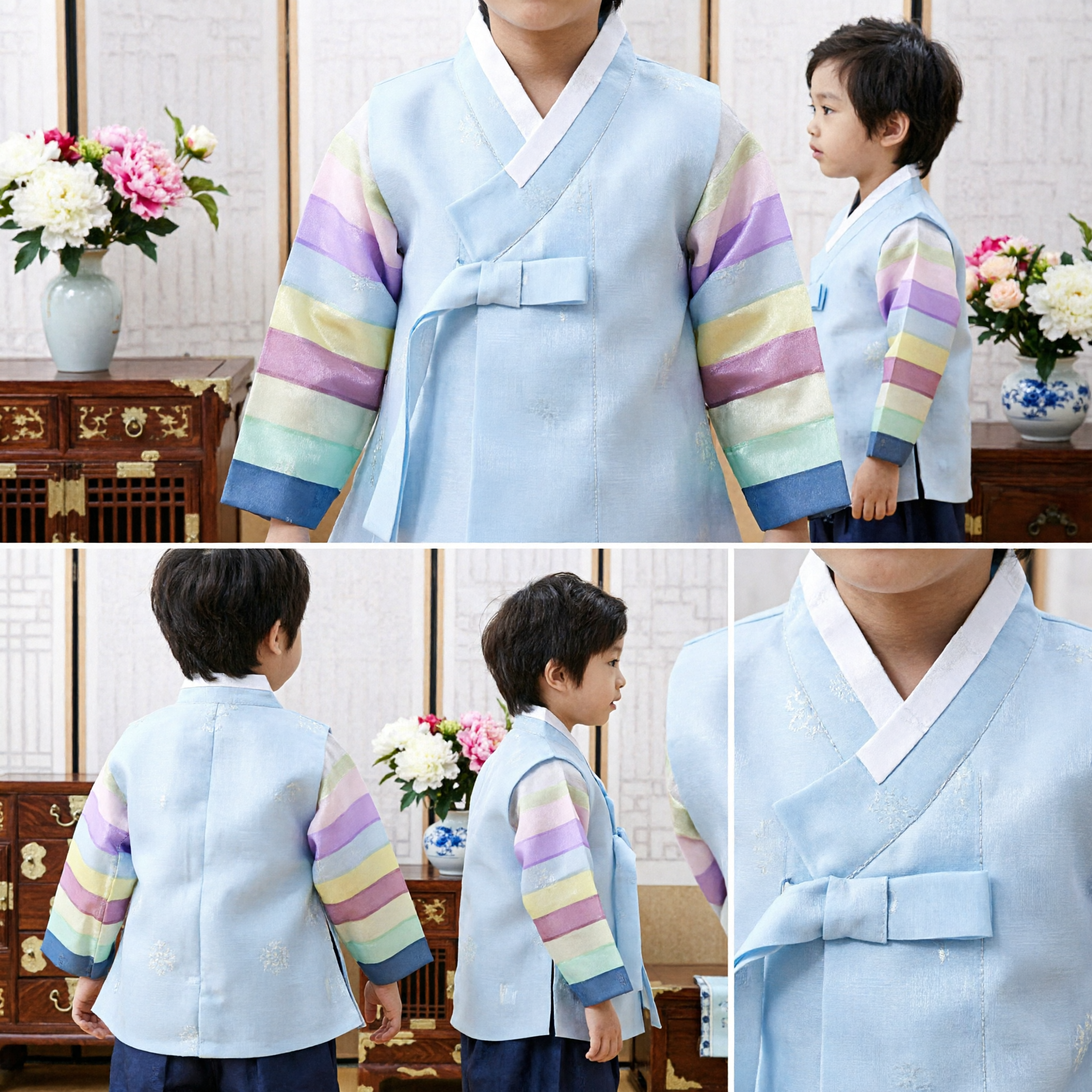 Kids Boys Traditional Korean Hanbok Set Light Blue Jeogori with Rainbow Sleeves for Special Occasions - Asian Costume
