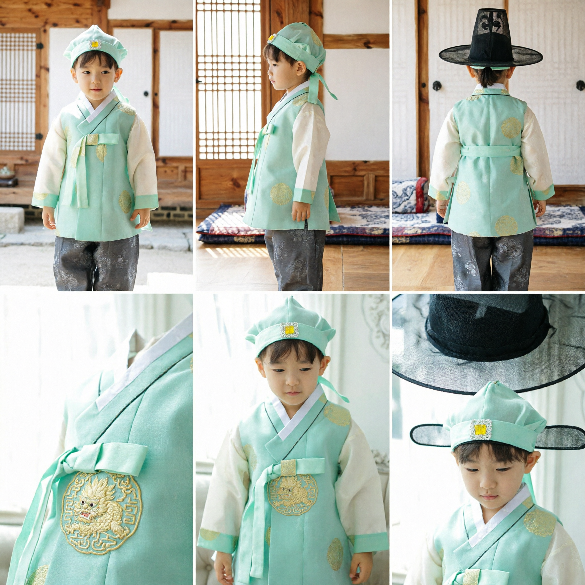 Kids Korean Hanbok Costume Mint Green Traditional Outfit with Hat for Boys Wedding and Doljanchi Celebration - Asian Costume