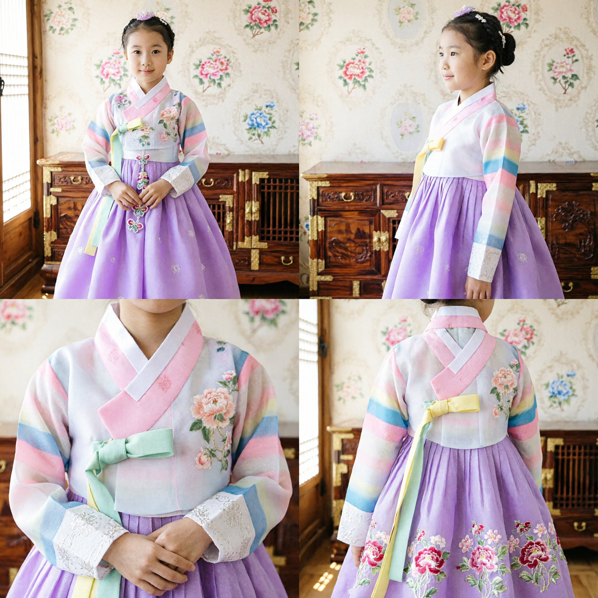 Korean Traditional Hanbok for Girls Pastel Rainbow Top Purple Skirt Kids Dress for Wedding Party - Asian Costume