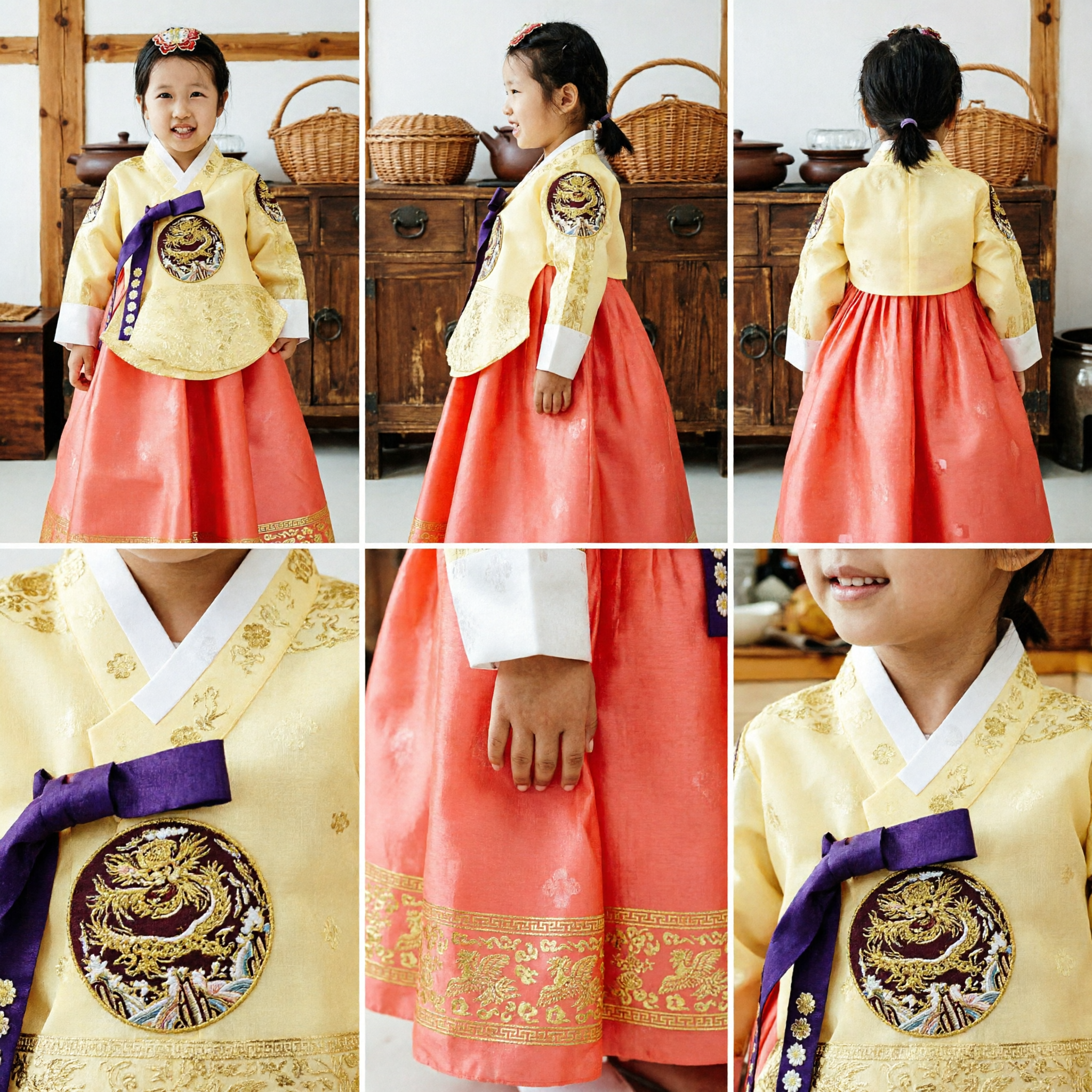 Kids Traditional Korean Hanbok Yellow Dragon Embroidery Top Pink Skirt Set for Girls Birthday Festivals - Asian Costume