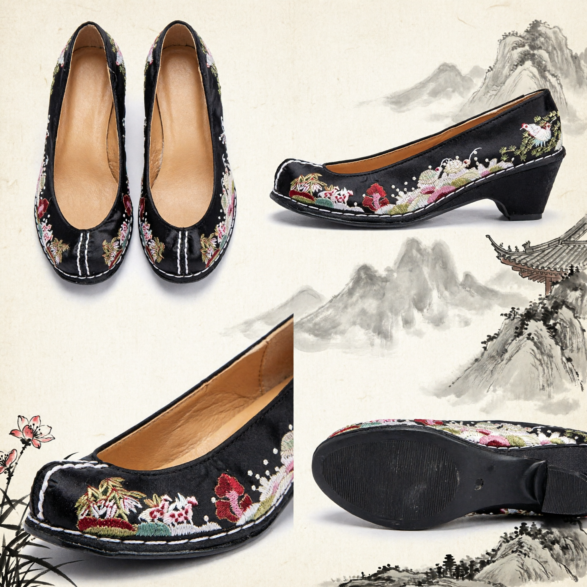 Black Embroidered Wedge Heel Traditional Chinese Shoes for Women Hanfu Qipao Costume Footwear - Asian Costume