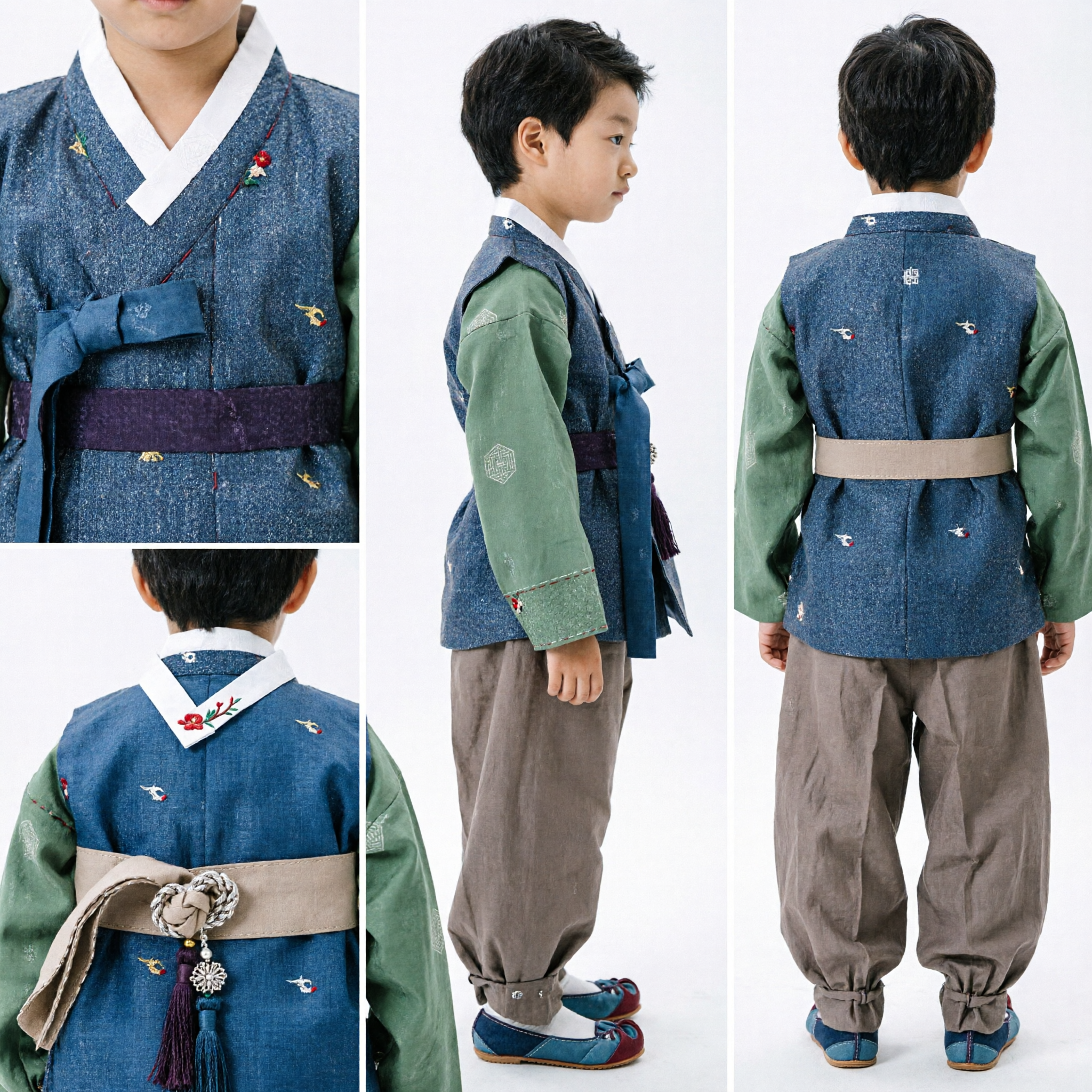 Traditional Korean Hanbok for Boys Grey Textured Vest and Beige Pants Cultural Festival Costume Set - Asian Costume