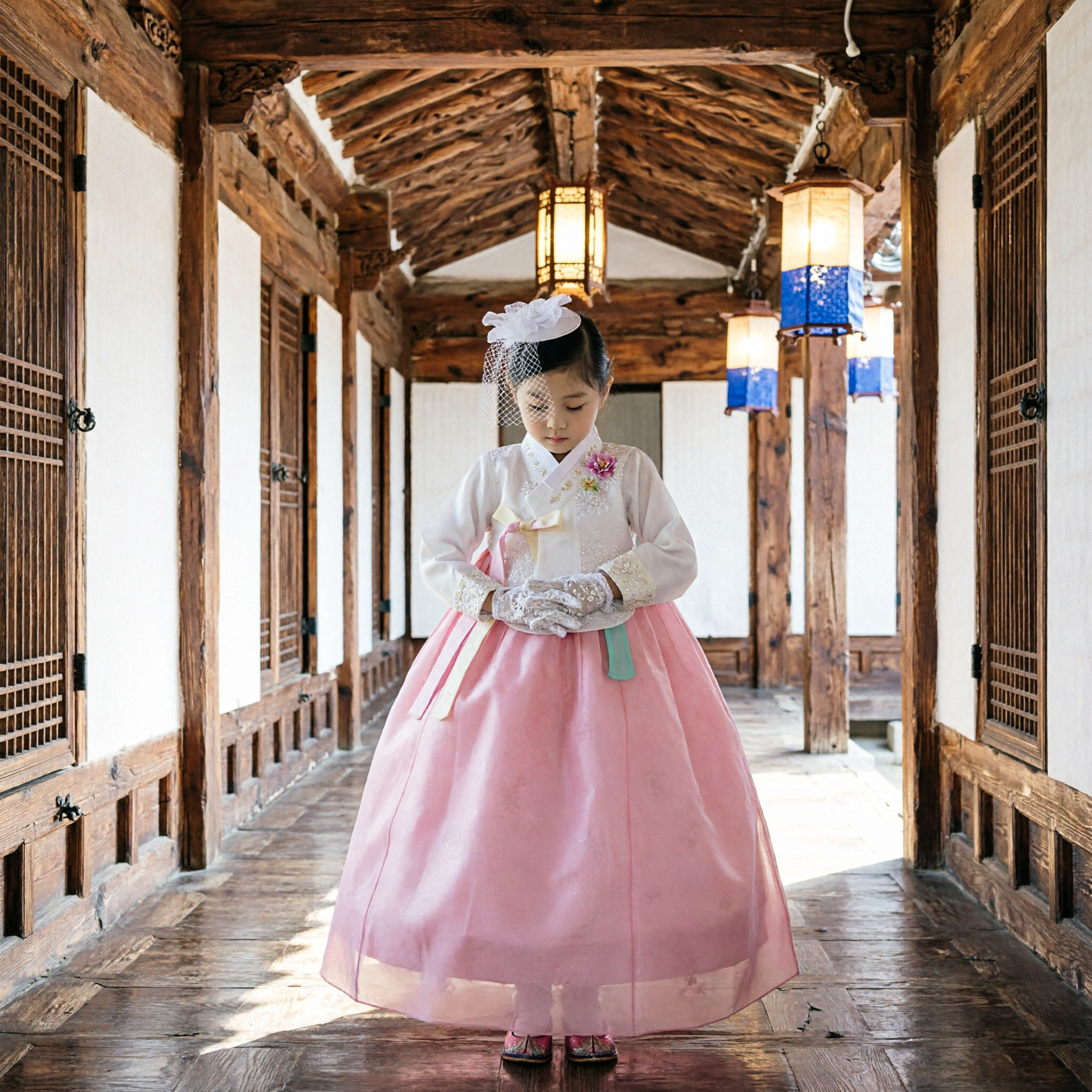 Kids Girls Traditional Korean Hanbok Dress Pink Tulle Skirt White Top Wedding Birthday Costume - Asian Costume