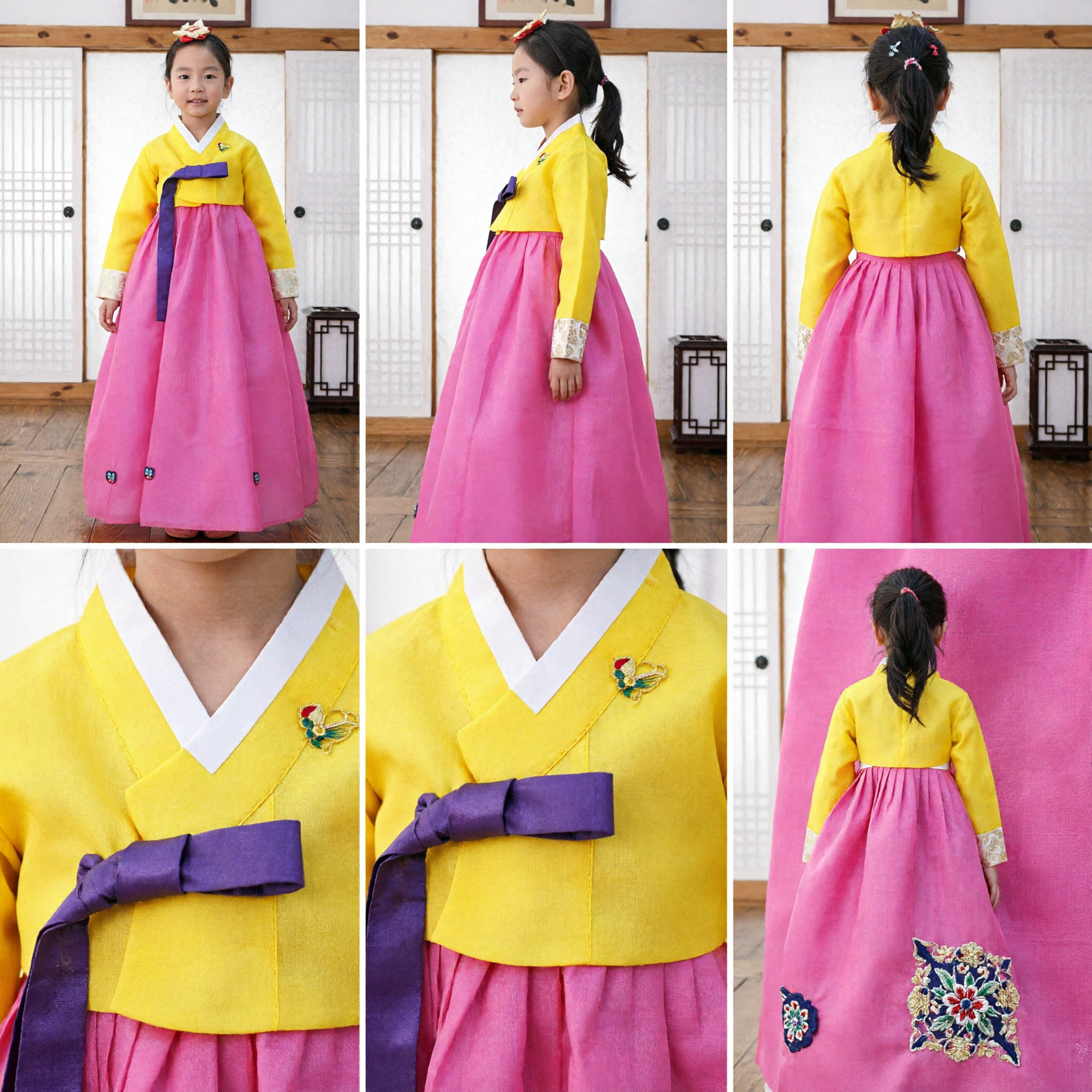 Traditional Korean Hanbok for Girls Yellow Jeogori Pink Chima Kids Formal Dress for Celebrations - Asian Costume