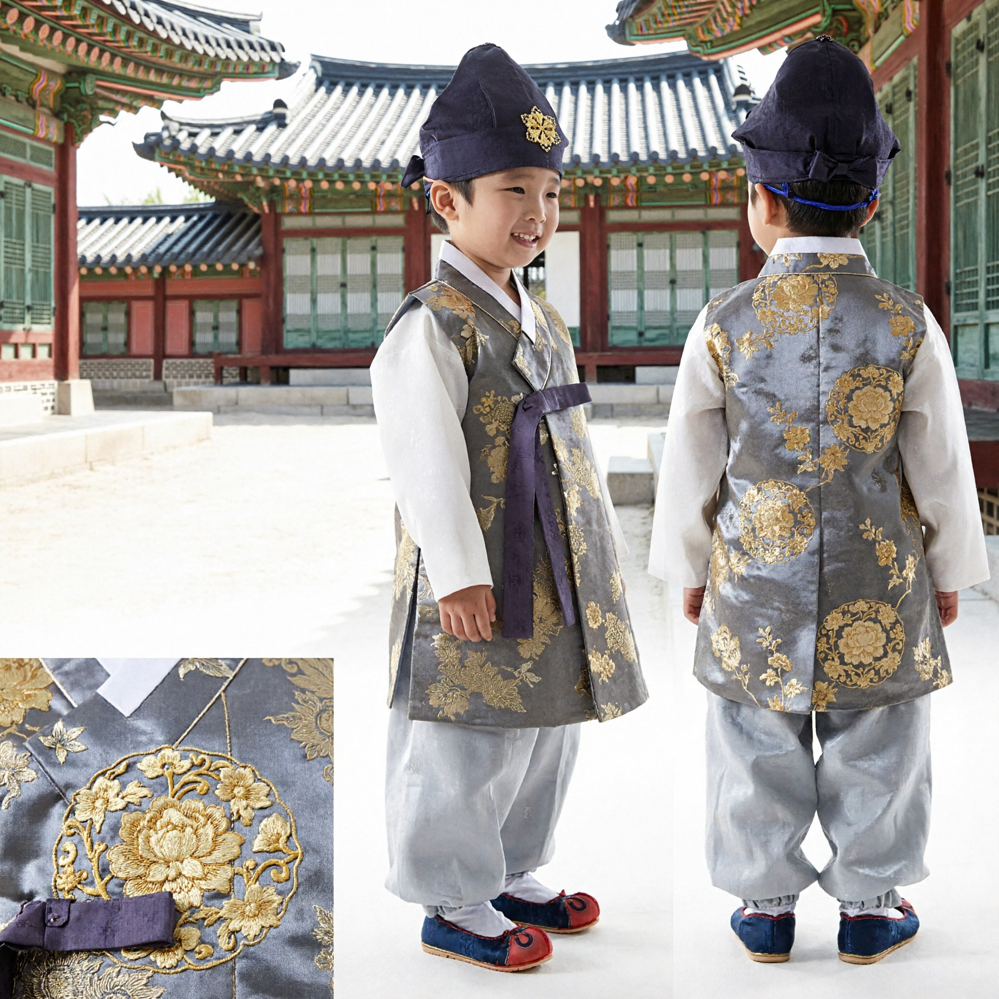 Traditional Korean Hanbok for Boys Grey Gold Brocade Formal Ceremonial Costume Kids Doljanchi Outfit - Asian Costume