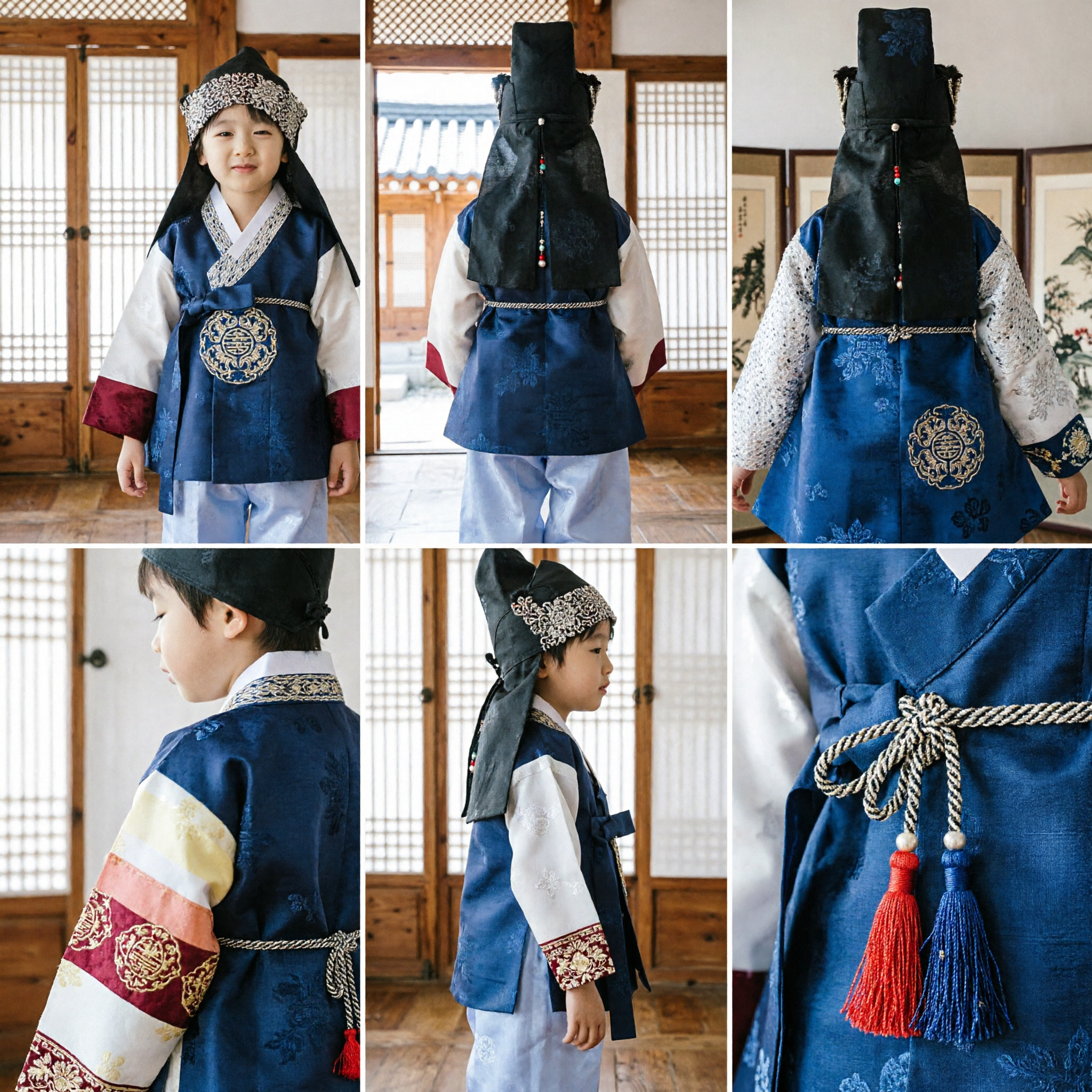 Traditional Korean Hanbok for Boys Kids Costume Set Navy Blue Vest with Hat for Wedding Holiday - Asian Costume