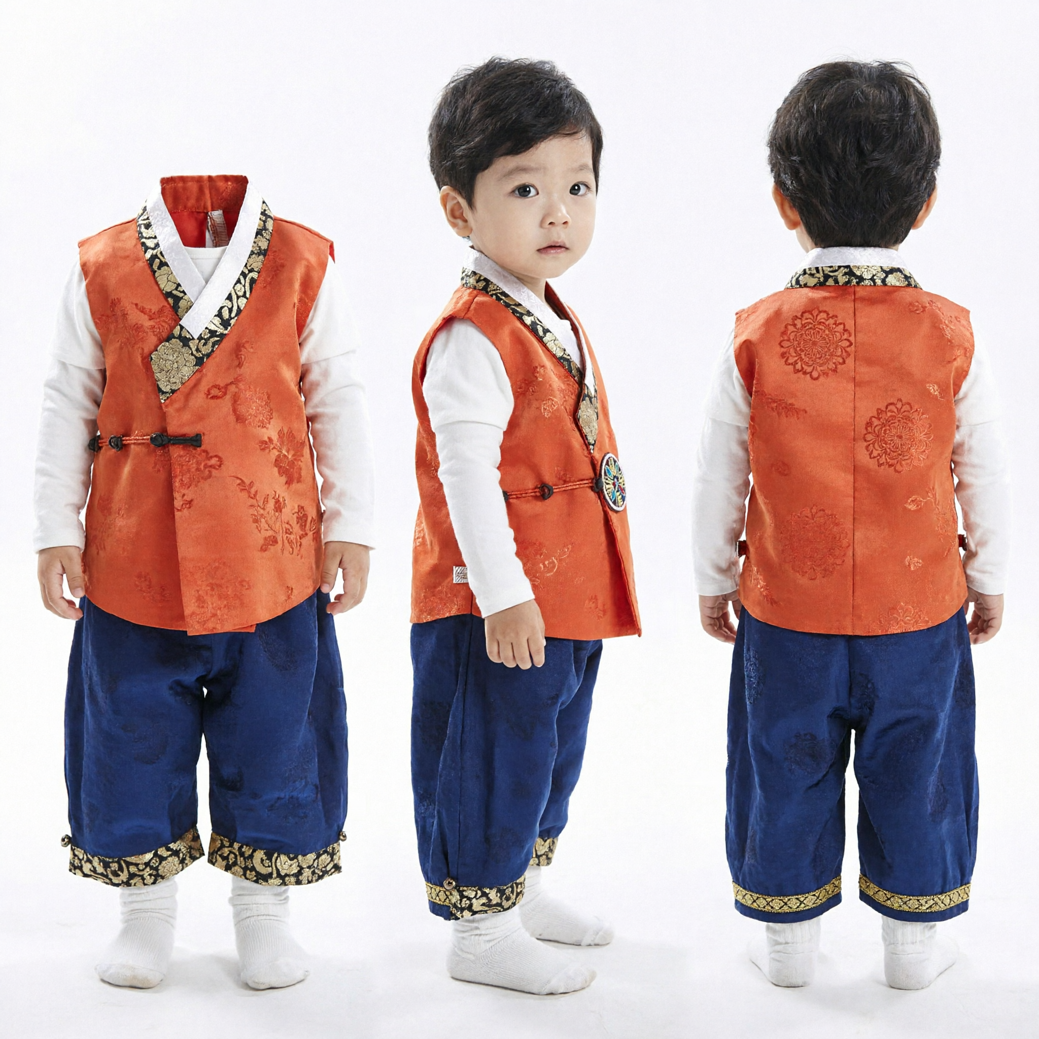 Baby Boy Traditional Korean Hanbok Set Orange Vest Blue Pants for 1st Birthday Celebration Costume - Asian Costume