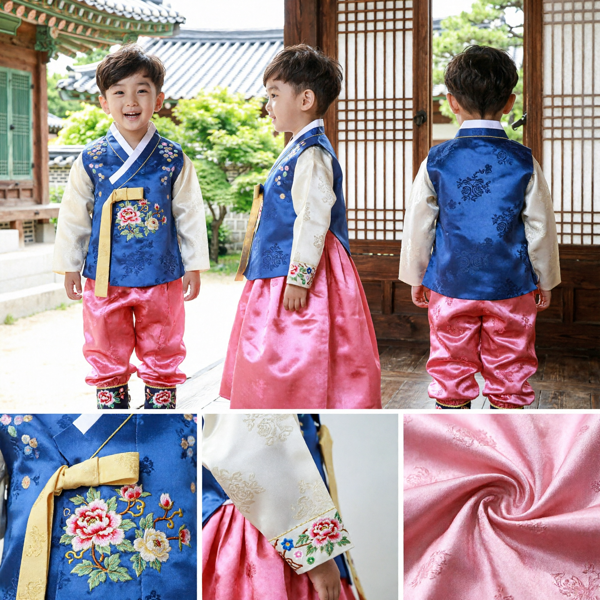 Boys Traditional Korean Hanbok Set Blue Embroidered Vest and Pink Pants for Wedding Birthday Party - Asian Costume