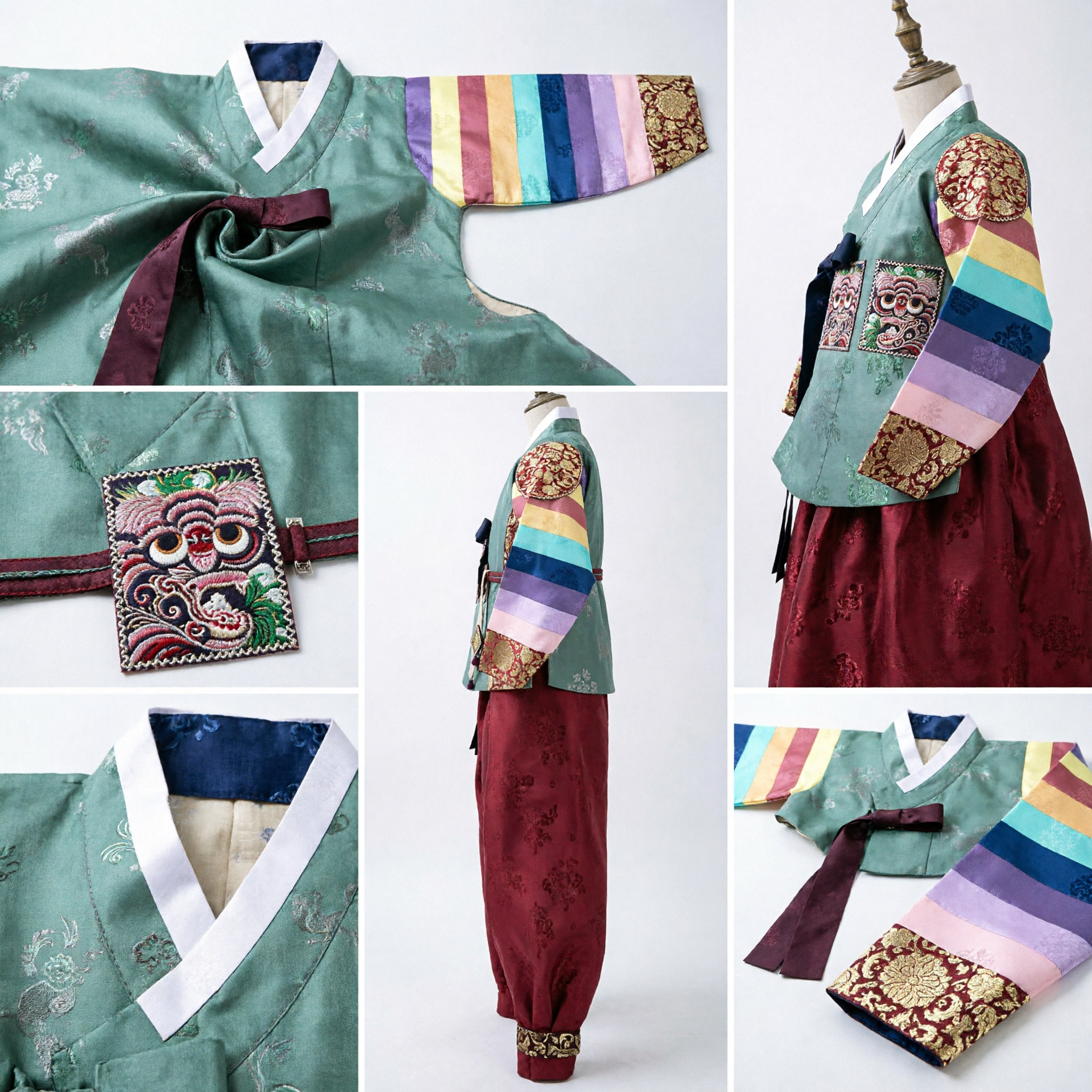 Traditional Korean Boy Hanbok Set Green Saekdong Jacket Red Baji for First Birthday Dol Party - Asian Costume