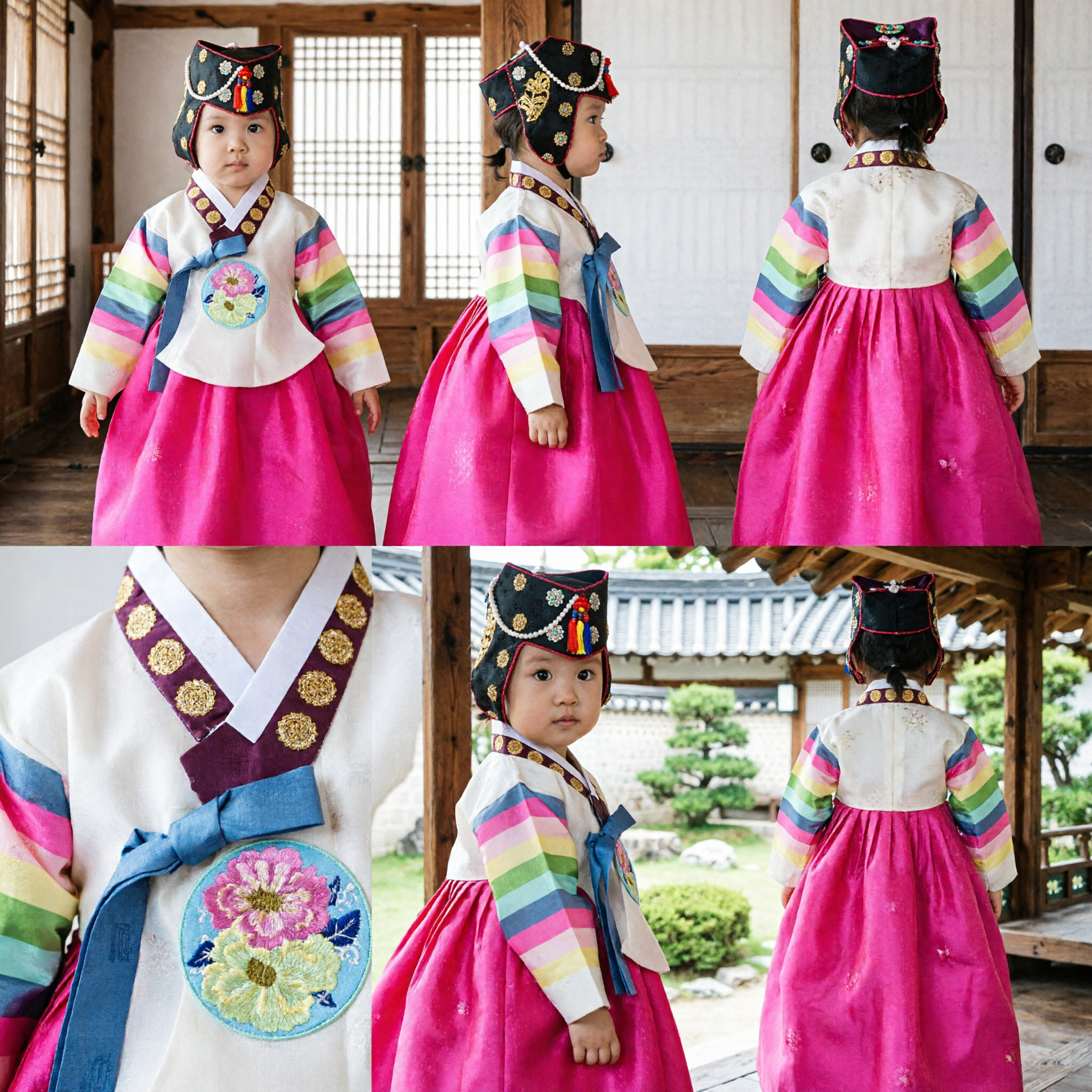 Traditional Korean Hanbok for Baby Girl Rainbow Striped Jeogori Pink Chima Costume for Festivals - Asian Costume