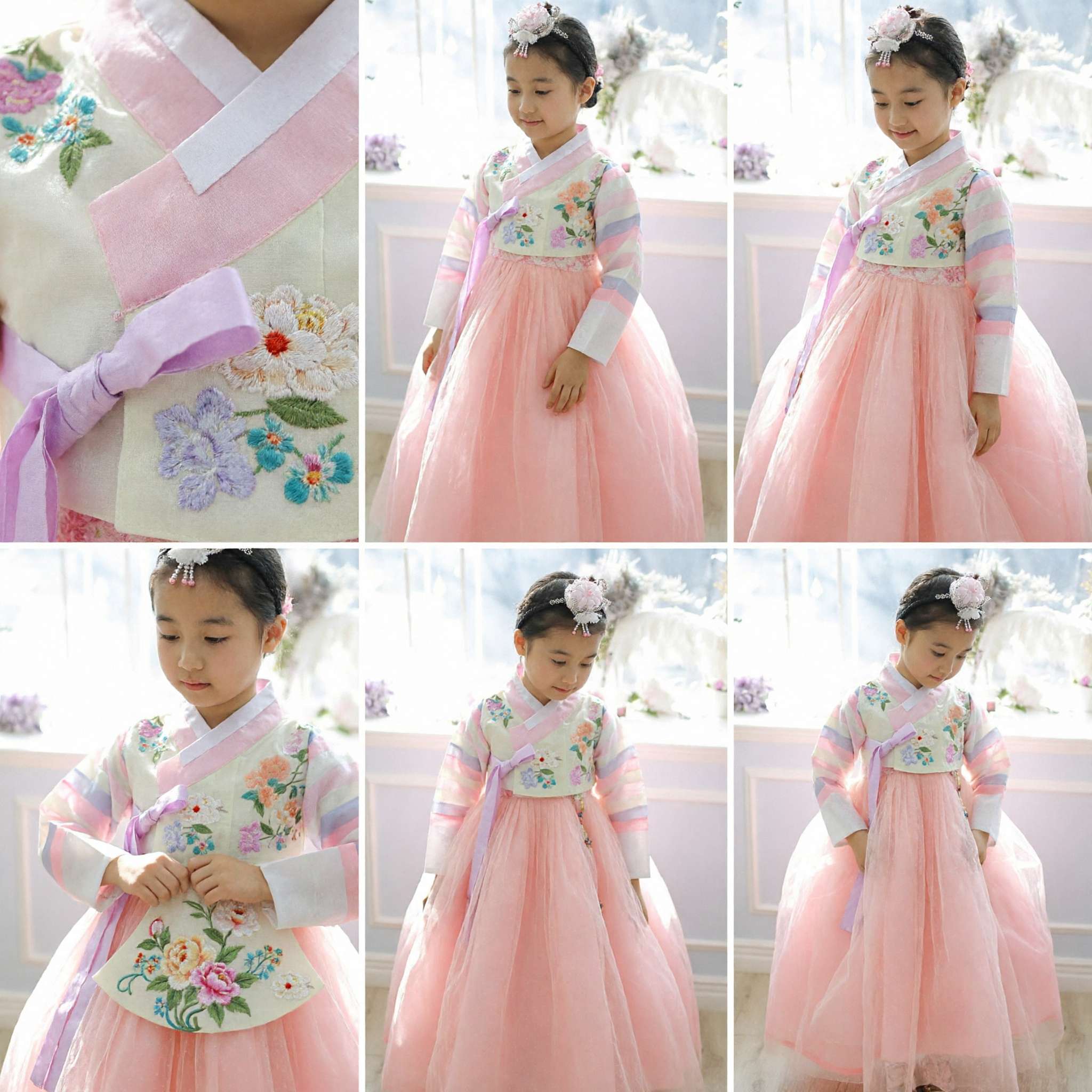 Kids Korean Hanbok Pink Floral Embroidery Traditional Dress Girls Tulle Skirt Party Wedding Costume - Asian Costume