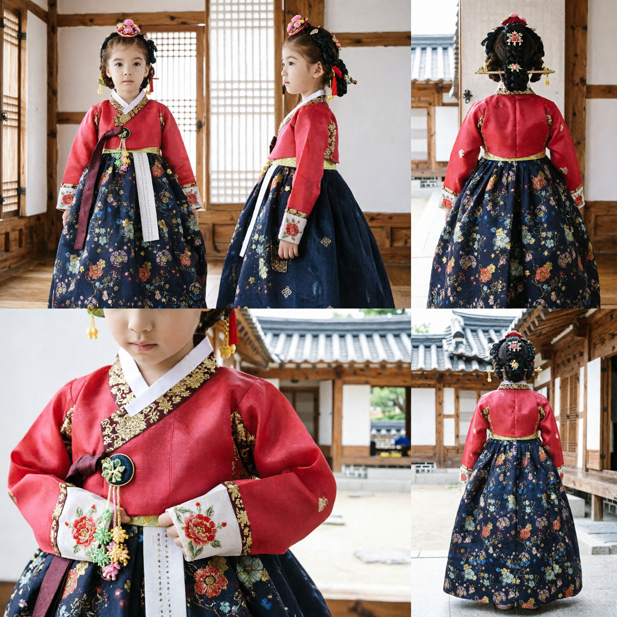 Girls Traditional Korean Hanbok Dress Pink Top Navy Floral Skirt Kids Festival Party Costume - Asian Costume