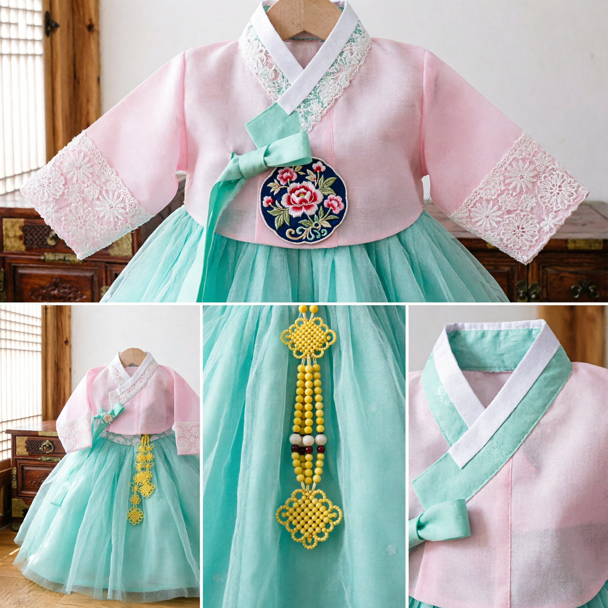Kids Girls Korean Traditional Hanbok Dress Pink Top Mint Green Tulle Skirt for 1st Birthday Party - Asian Costume