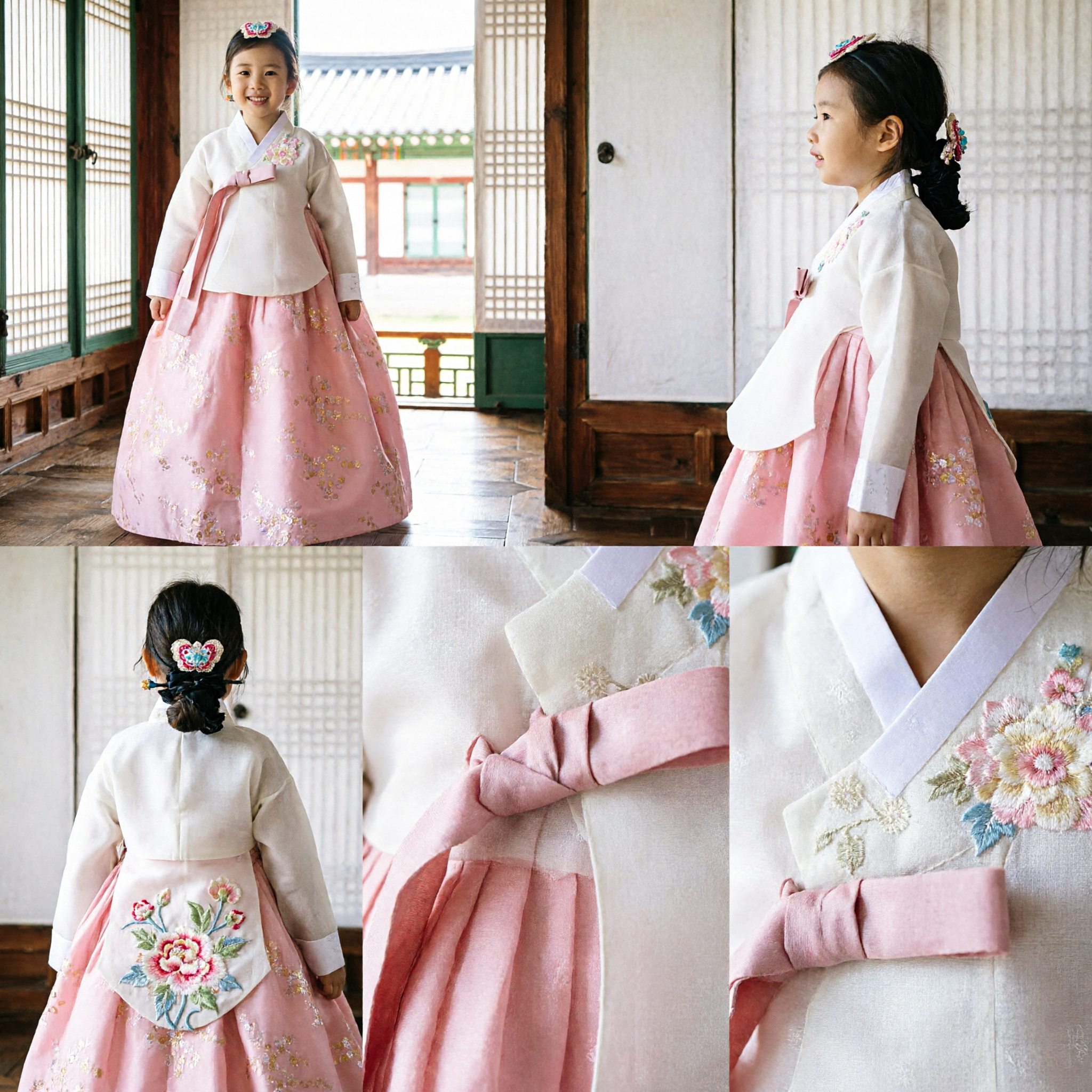 Elegant Pink and White Korean Hanbok for Girls Traditional Floral Embroidered Dress for Birthday and Special Occasions - Asian Costume