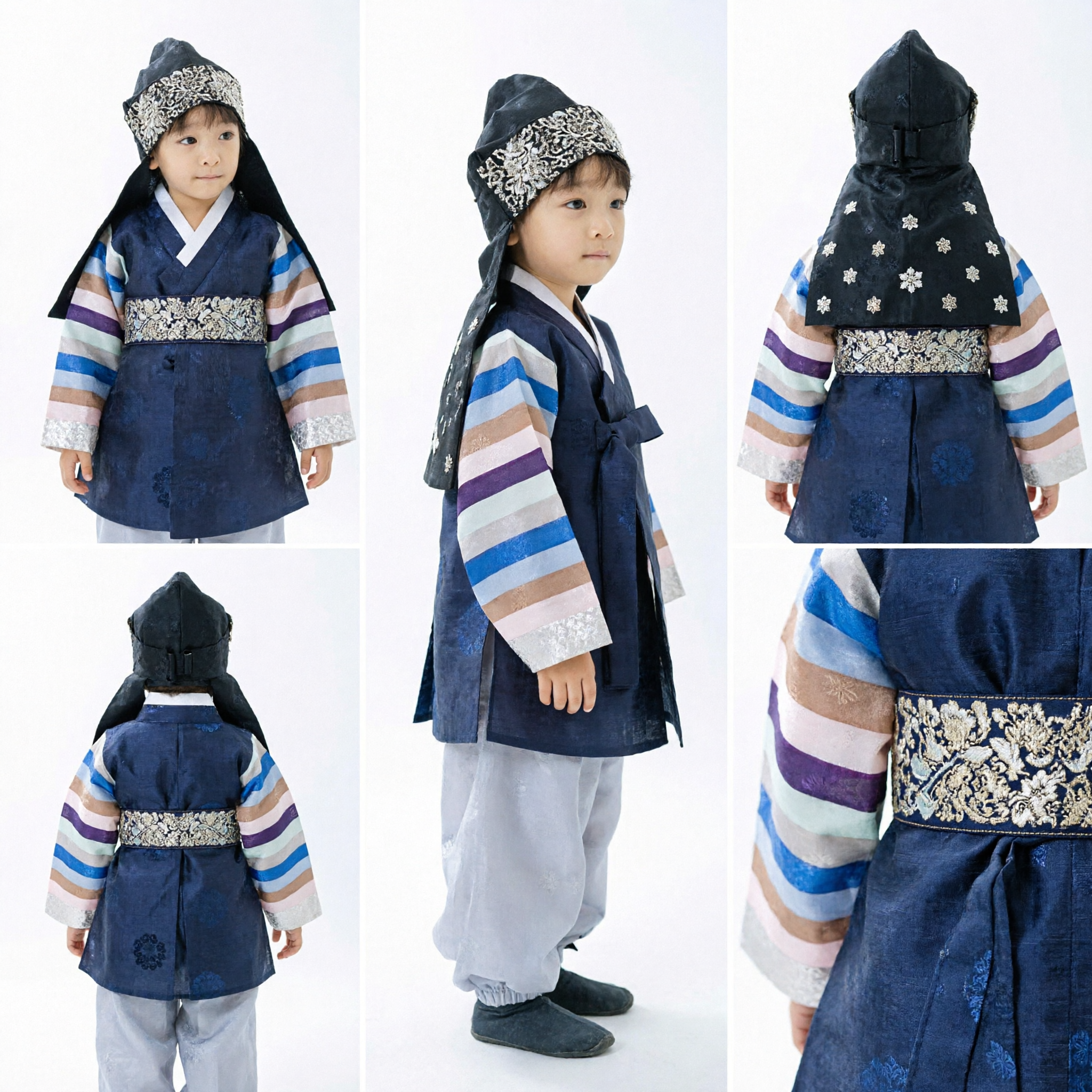 Korean Traditional Hanbok Costume for Boys Navy Blue Jeogori with Striped Sleeves and Hat for Wedding Party - Asian Costume