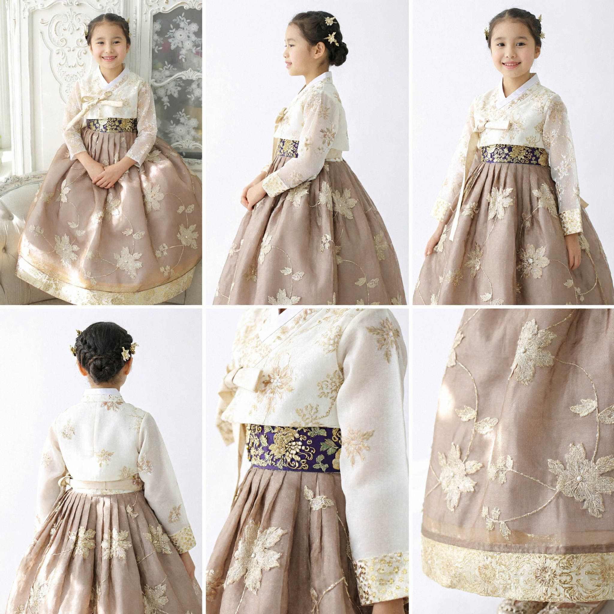 Elegant Traditional Korean Hanbok for Girls Kids Pink and White Dress with Gold Embroidery for Festivals - Asian Costume