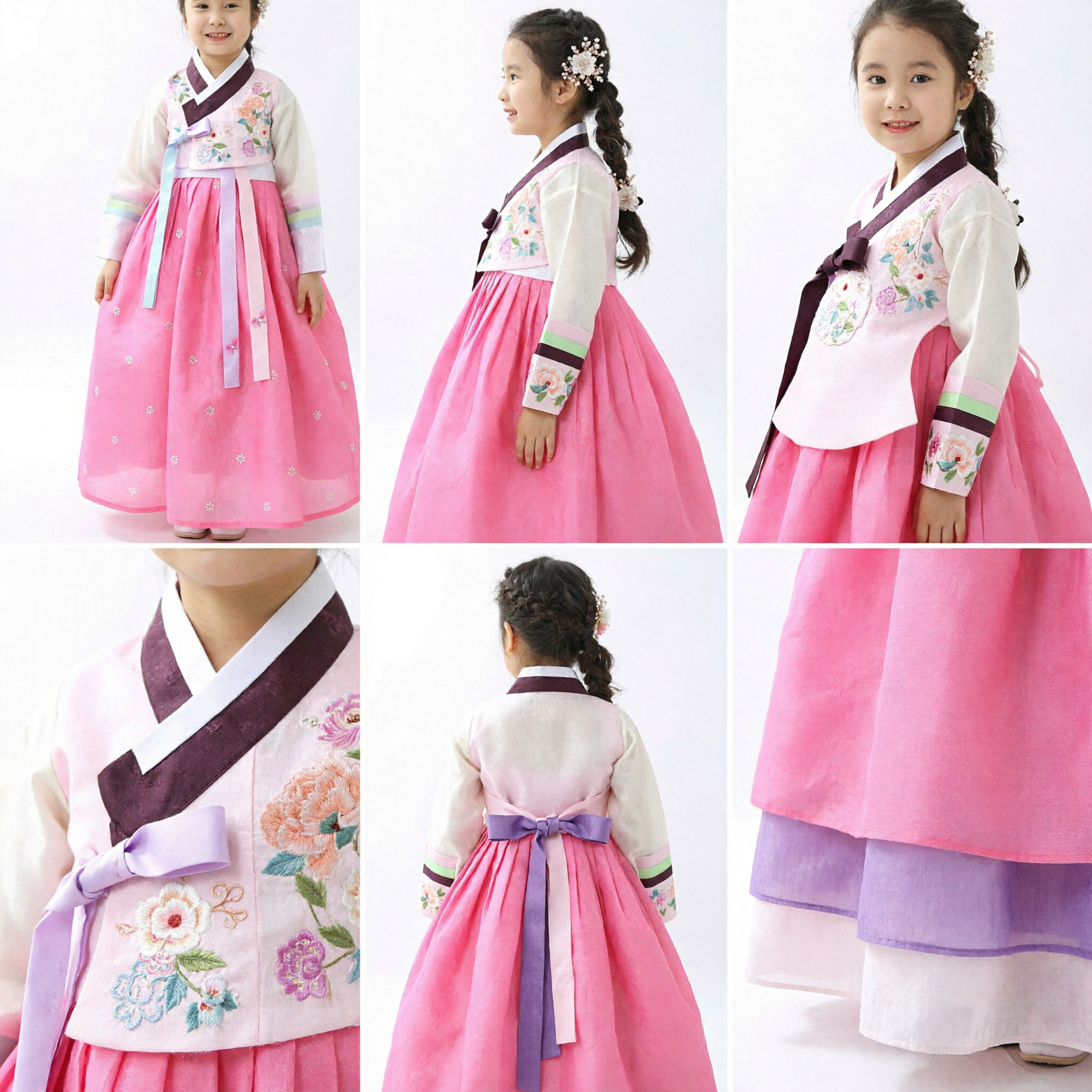 Traditional Korean Hanbok Dress for Girls Kids Pink Floral Embroidery Skirt Set for Festivals Weddings - Asian Costume